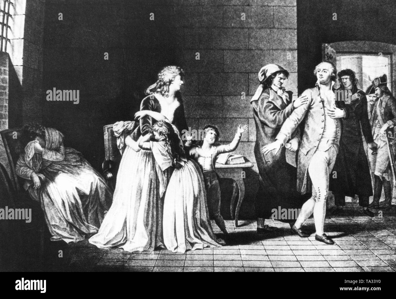 La peinture représente le roi français Louis, qui dit au revoir à sa femme Marie Antoinette et ses enfants à la Maison du Temple, un jour avant son exécution. Banque D'Images