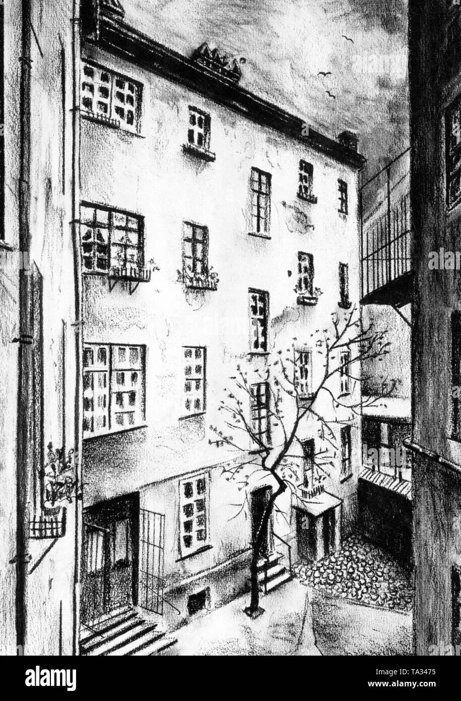 Dessin de K. Buchart illustrant le premier atelier de Siemens à Berlin entre 1847-1851. Banque D'Images