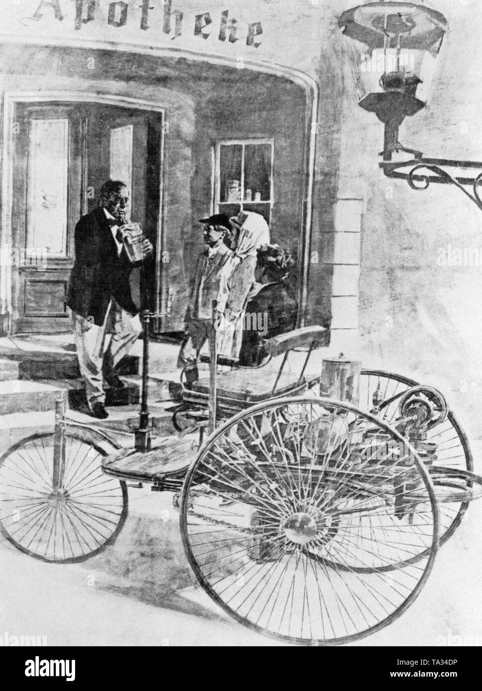Bertha Benz avec ses fils Eugen et Richard sur le chemin connu sous le nom de 'Bertha-Benz-Fahrt" de Mannheim à Pforzheim. Les 108km de long voyage long-distance pertinence de l'automobile. Dans une pharmacie à Wiesloch Benz acheté plusieurs litres d'essence de lumière, qui a fait la réputation du "premier station de gaz dans le monde". Banque D'Images