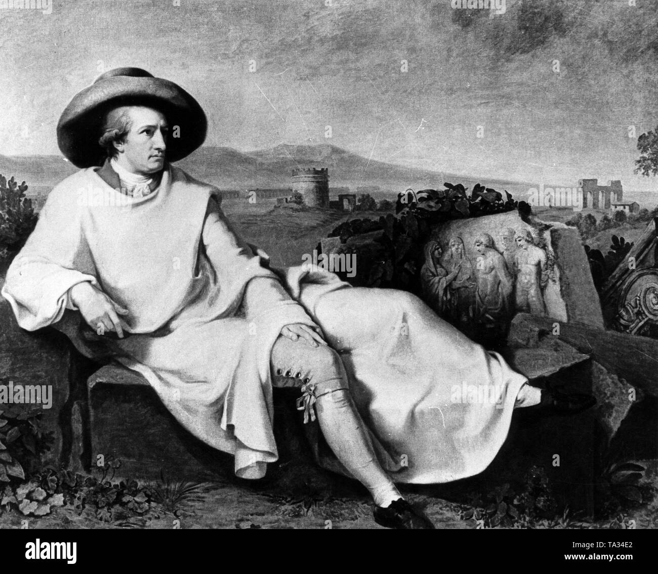 Poète allemand Johann Wolfgang von Goethe dans la peinture 'Goethe dans le Roman Campagna' par Johann Heinrich Wilhelm Tischbein, 1787. Banque D'Images