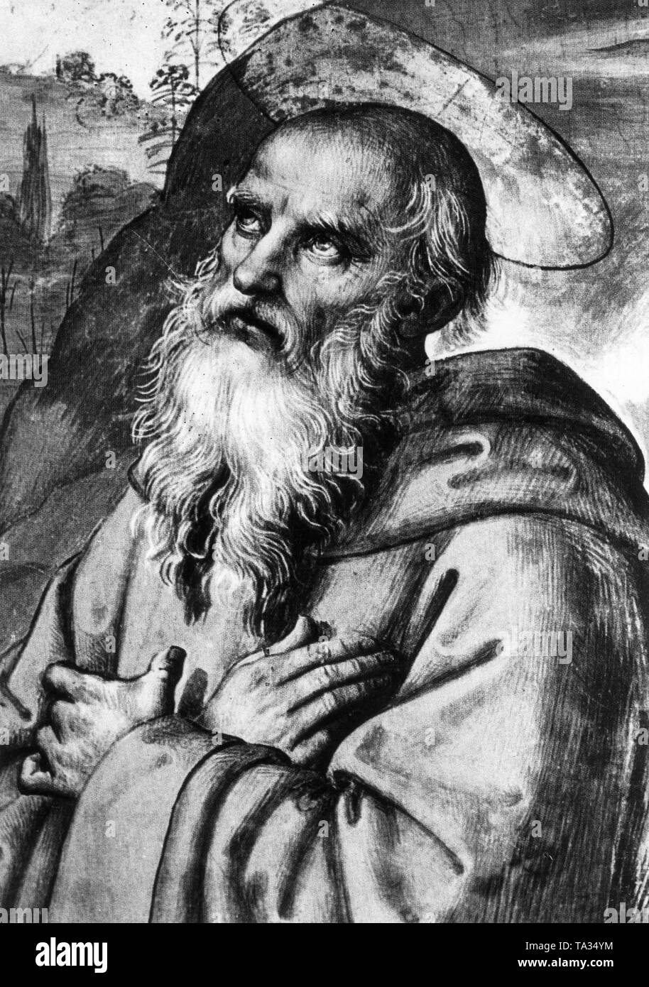 Représentation de Saint Benoît de Nursie (480-542), fondateur du monachisme occidental. Image après une fresque de Pietro Perugino Banque D'Images