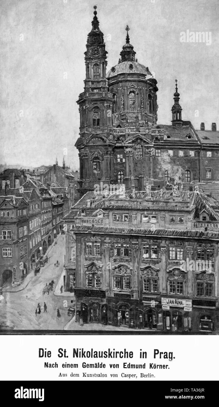 Eglise Saint-Nicolas à Prague après une peinture par Edmund Koerner de Casper's art coiffure, Berlin. Banque D'Images