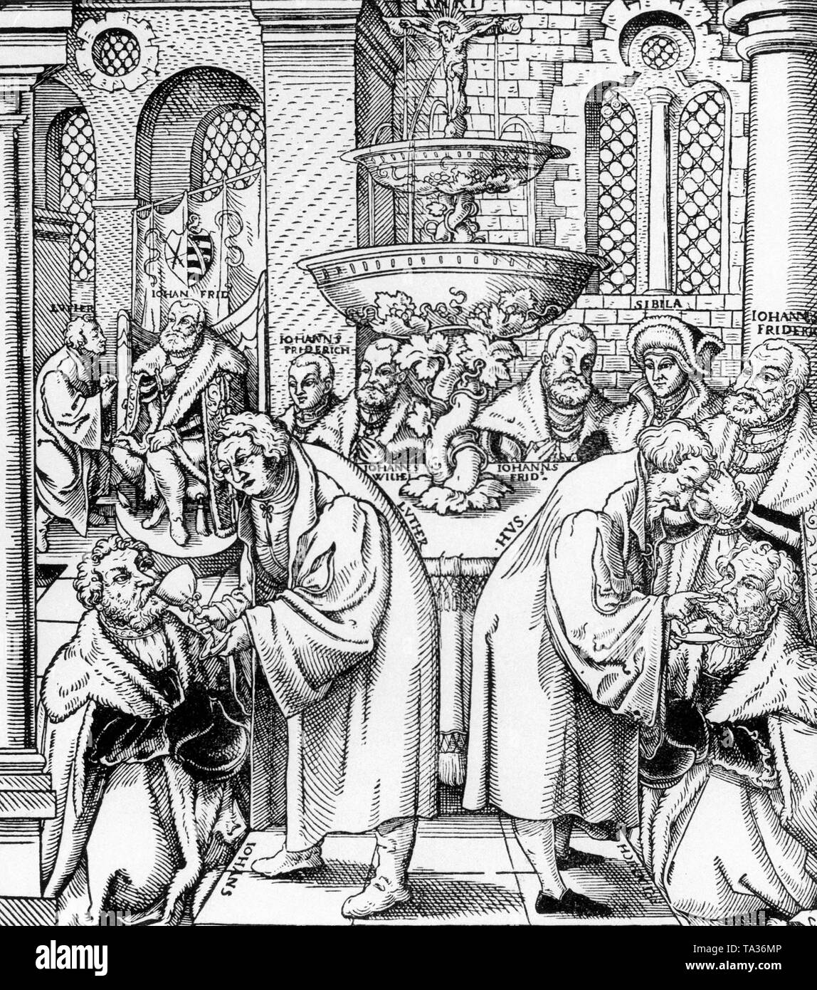 Jan Hus (1370-1415), droite, avec Martin Luther distribuer la Sainte Communion dans une représentation par un artiste inconnu du 16ème siècle Banque D'Images