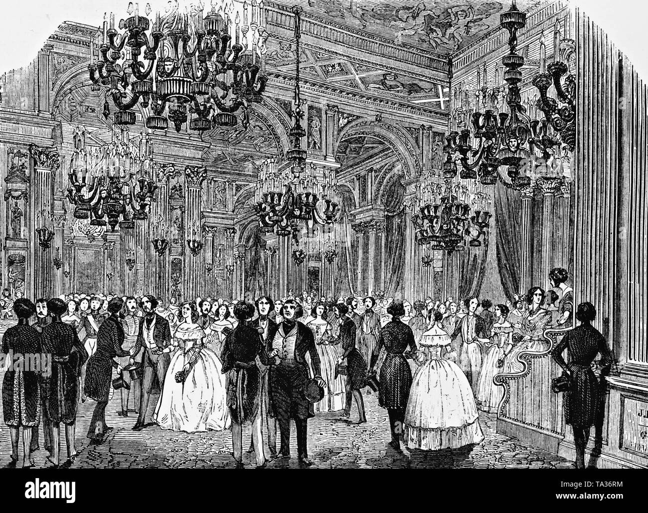 Au cours d'un bal dans la salle de bal d'une maison de ville de Paris. Gravure de 1844. Banque D'Images