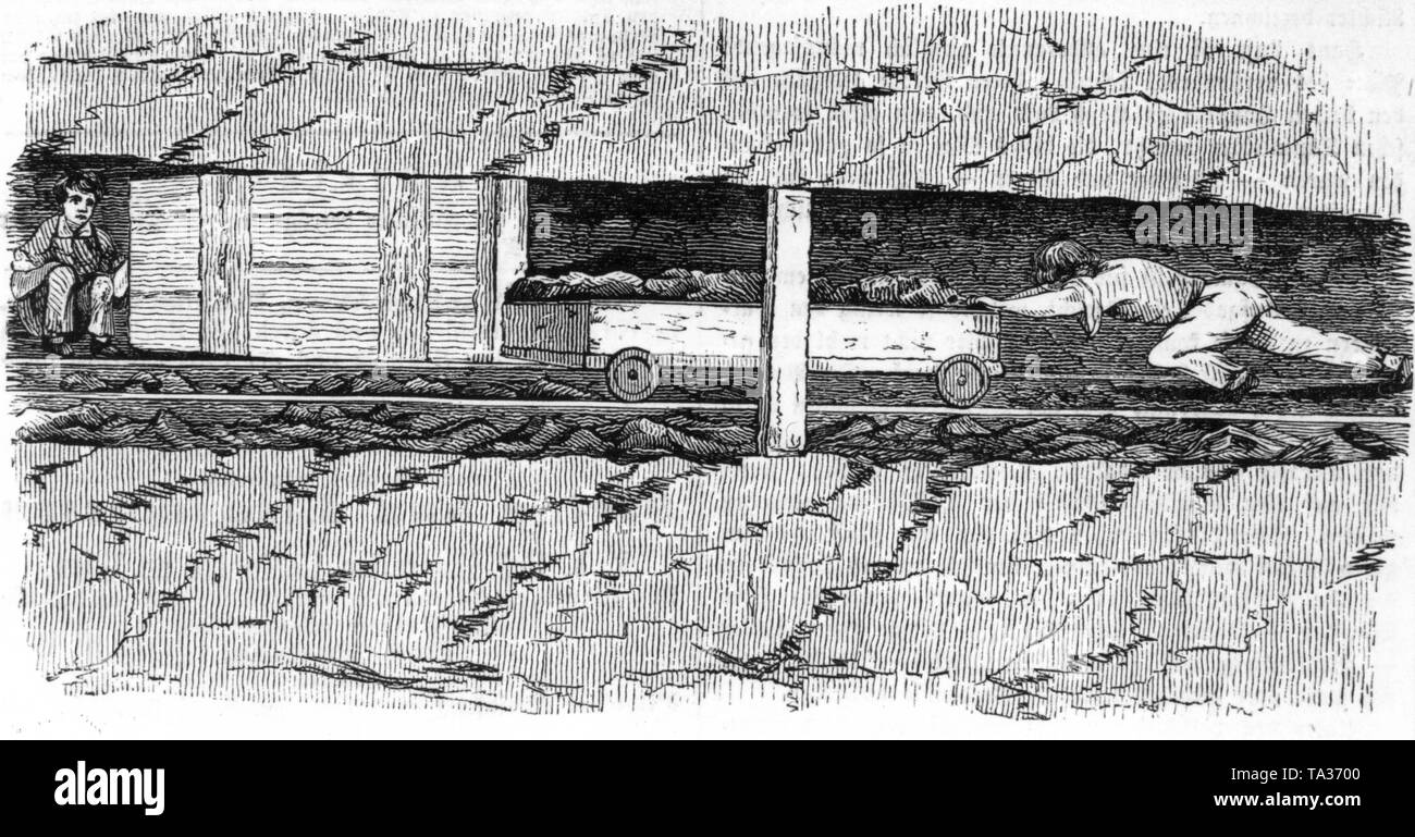 Les enfants qui travaillent dans une mine dans un tunnel avec sas, dessin de 1844 Banque D'Images