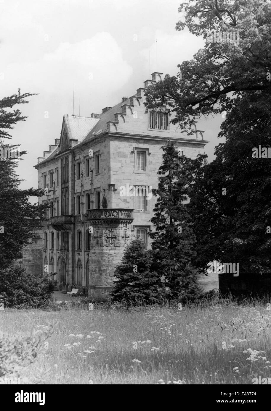 Côté sud du bâtiment principal de Reinhardsbrunn Château à Friedrichroda, la Prusse. Dans la région de Reinhardsbrunn ont été les ruines du monastère bénédictin de la chambre (Règlement) de l'Ludovingian landgraves de Thuringe jusqu'en 1827 lorsque les locaux ont été transformés en un château et parc. Banque D'Images