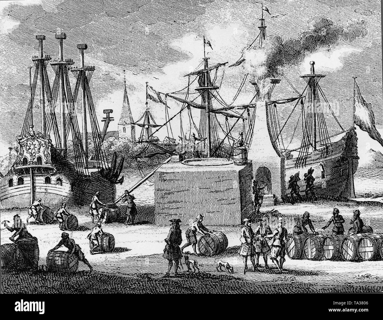 La gravure du 17ème siècle présente un port néerlandais, où la graisse