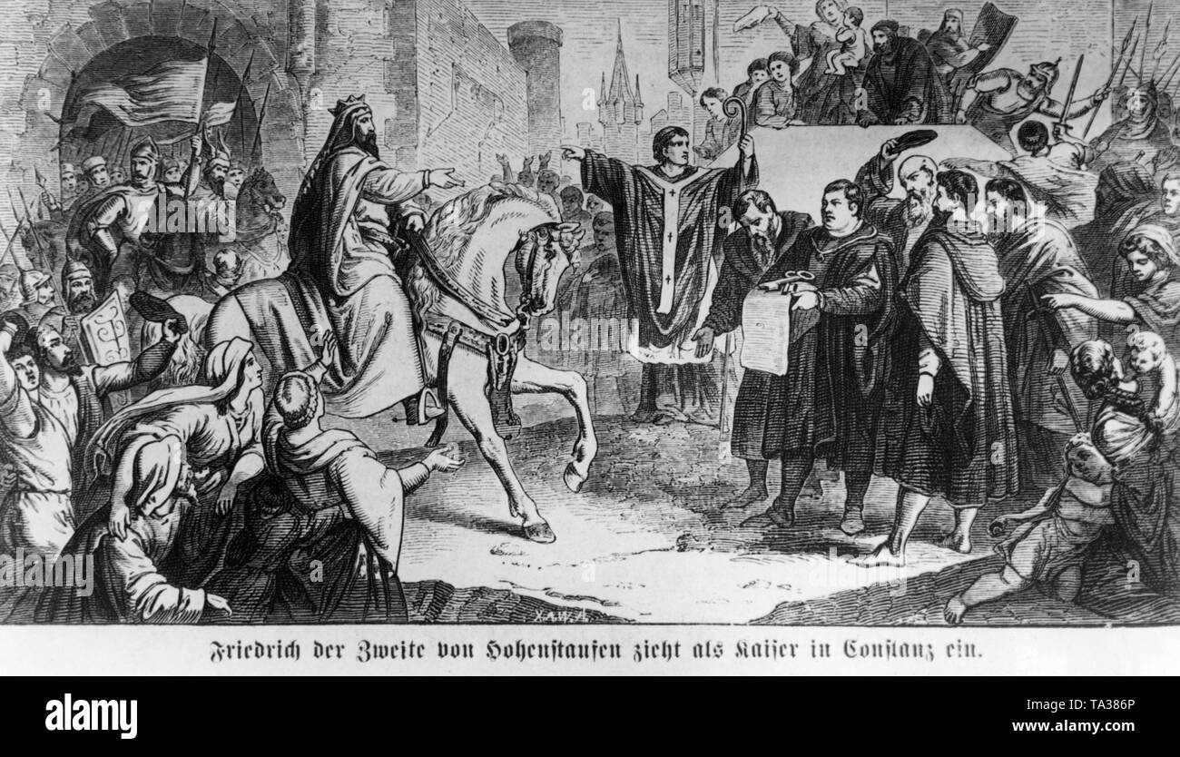 Frederick II avec escortes entre Constance comme un empereur, après l'évêque de Bari a lu l'interdiction papale contre le roi Otto IV. Banque D'Images