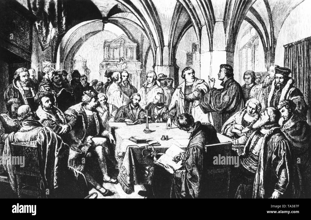 Cette illustration du 19ème siècle montre le colloque à Marburg en 1529 entre Martin Luther et Ulrich Zwingli. L'interprétation de la doctrine de la cène divisé les deux chefs religieux. Banque D'Images