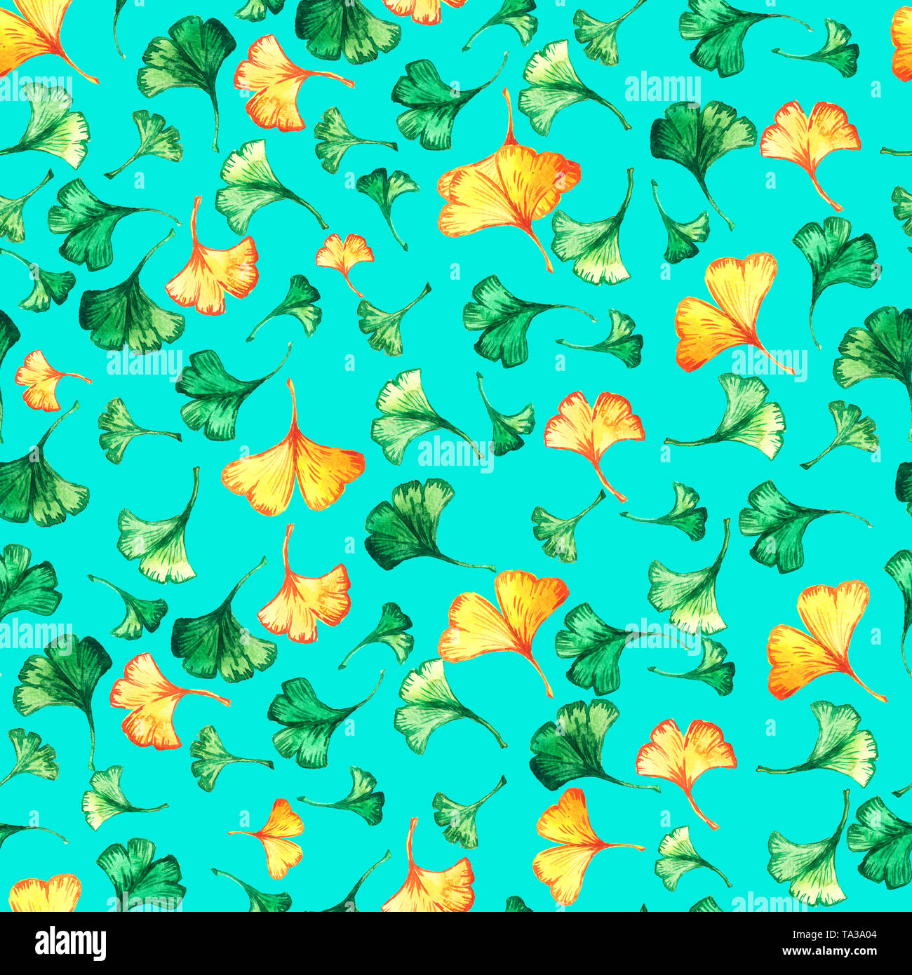 Les feuilles de ginkgo biloba aquarelle floral seamless pattern sur fond turquoise. Arbre plante connue sous le nom de ginko ou gingko. Banque D'Images