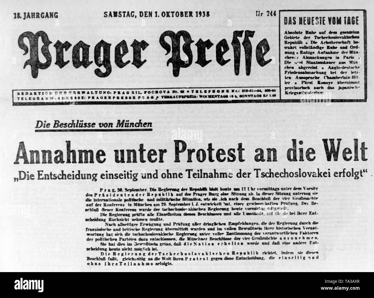 Un extrait du journal "Prager Presse' du 1 octobre 1938. C'est un rapport sur les traités entre l'Allemagne, la France, l'Italie et le Royaume-Uni, qui ont été signés le 29 et 30 septembre 1938, à Munich. Il déplore le rôle subordonné la Tchécoslovaquie y joue et la cession des Sudètes à l'Allemagne. Banque D'Images