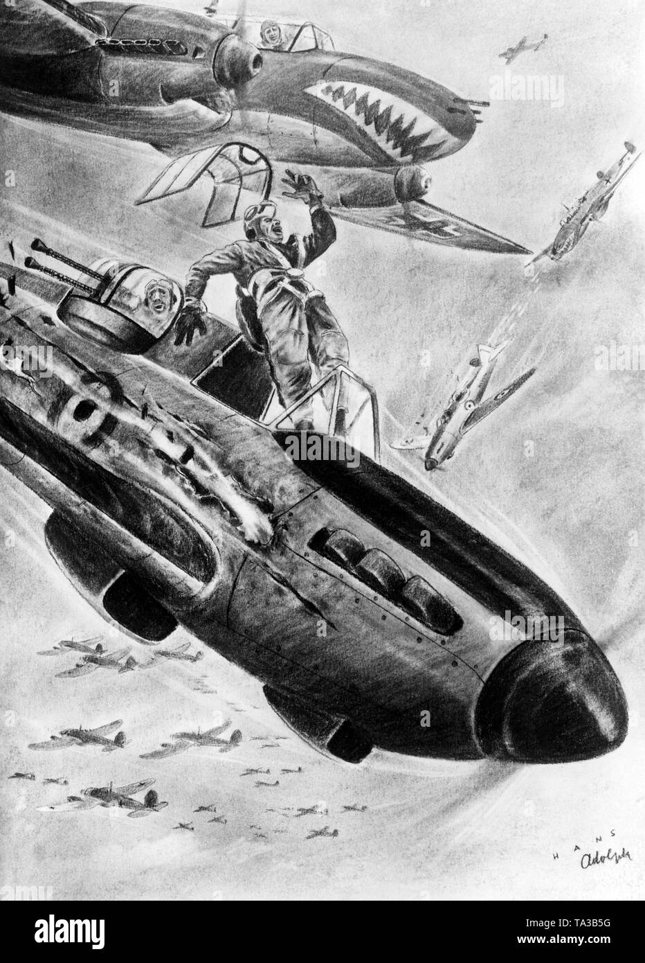 Cette affiche de propagande nazie montre un mépris de la machine, qui se bloque après avoir été abattu par un Allemand Messerschmitt Bf 110 avion de combat. Dimensions : Hans Adolph Banque D'Images