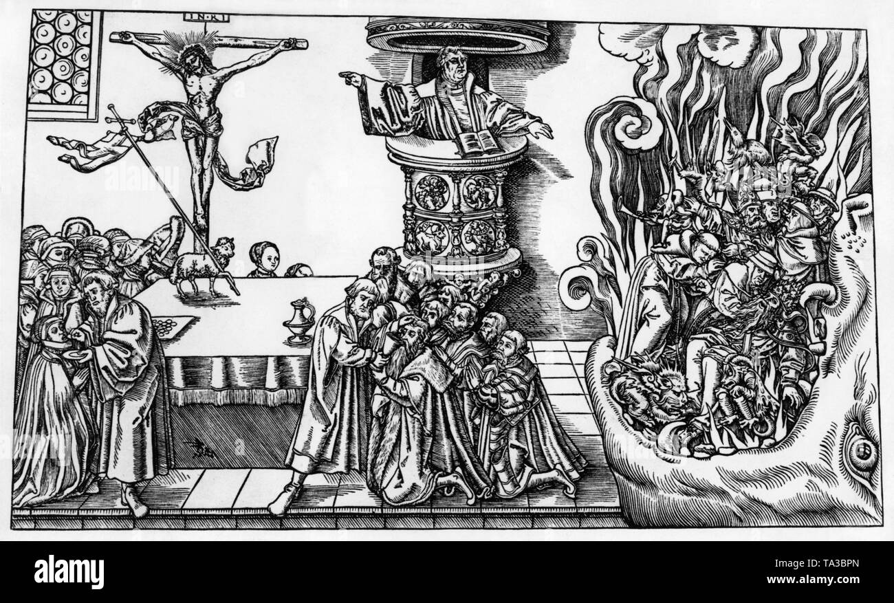 Dimensions de l'école de Lucas Cranach. Luther est représentée avec le contenu de sa doctrine. Les dignitaires catholiques qui squeeze profitent de la foi chrétienne est exilé à l'enfer, l'Eucharistie est présentée comme un simple service commémoratif à Jésus, qui est représenté par l'agneau de Pâques et crucifix. Banque D'Images