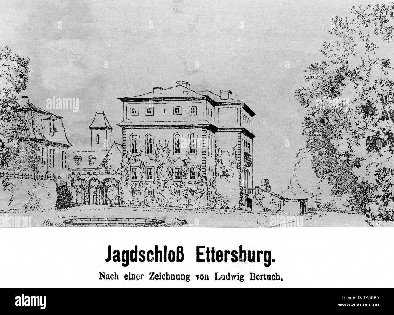 Dessin de Ludwig de Bertuch le château et le parc Ettersburg sur l'Ettersberg près de Weimar, en Thuringe. Le château a servi de résidence d'été pour la Duchesse Anna Amalia entre 1776-1780. Elle a reçu Johan Wolfgang von Goethe ici. Photo non datée. Banque D'Images