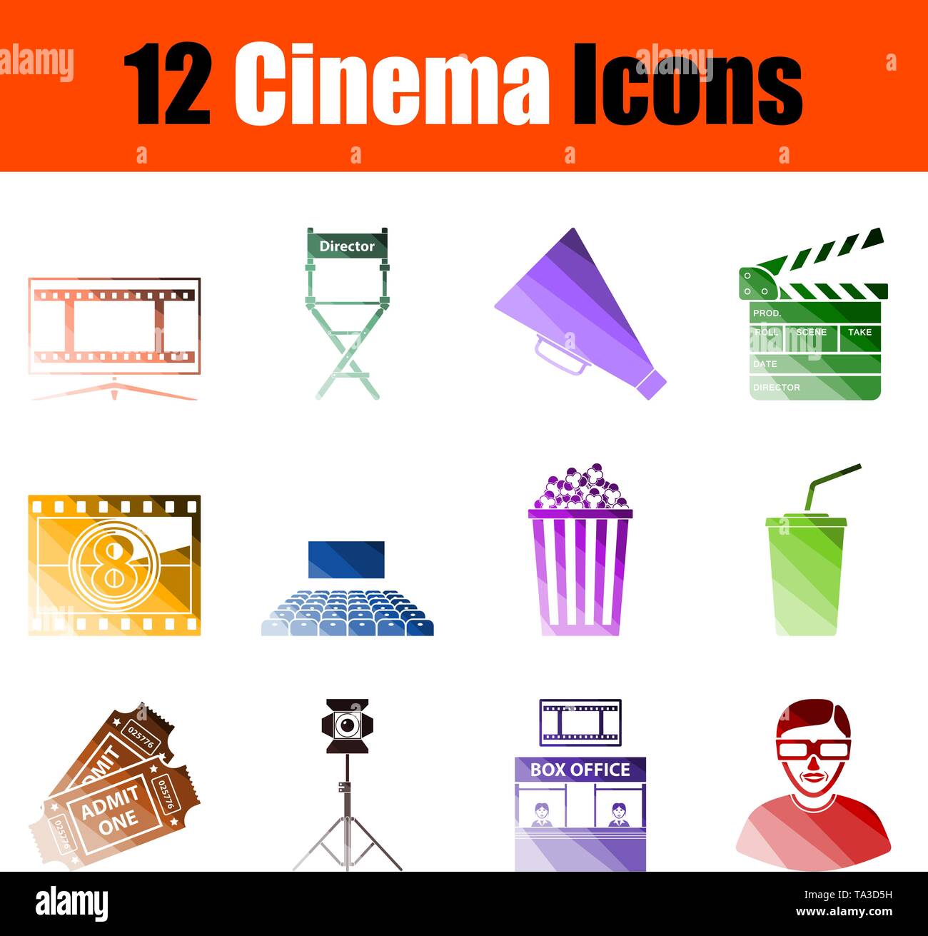Cinema Icon Set. La conception de l'échelle de couleur à plat. Vector Illustration. Illustration de Vecteur
