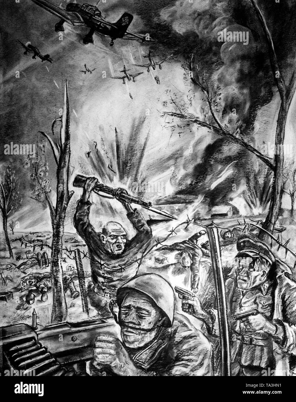 Dessin pour le but d'une propagande anti-soviétique. Elle était censée illustrer comment un commissaire de l'Armée Rouge avait abattu un soldat de l'Armée rouge et d'un tartare, avant le tartre peuvent porter préjudice à la commissaire à la baïonnette. Dans l'arrière-plan, une indication d'une attaque de l'infanterie allemande et finlandaise. Cette caricature de points à la déshumanisation des membres de l'armée russe. Photo de l'entreprise de propagande (PK) Banque D'Images