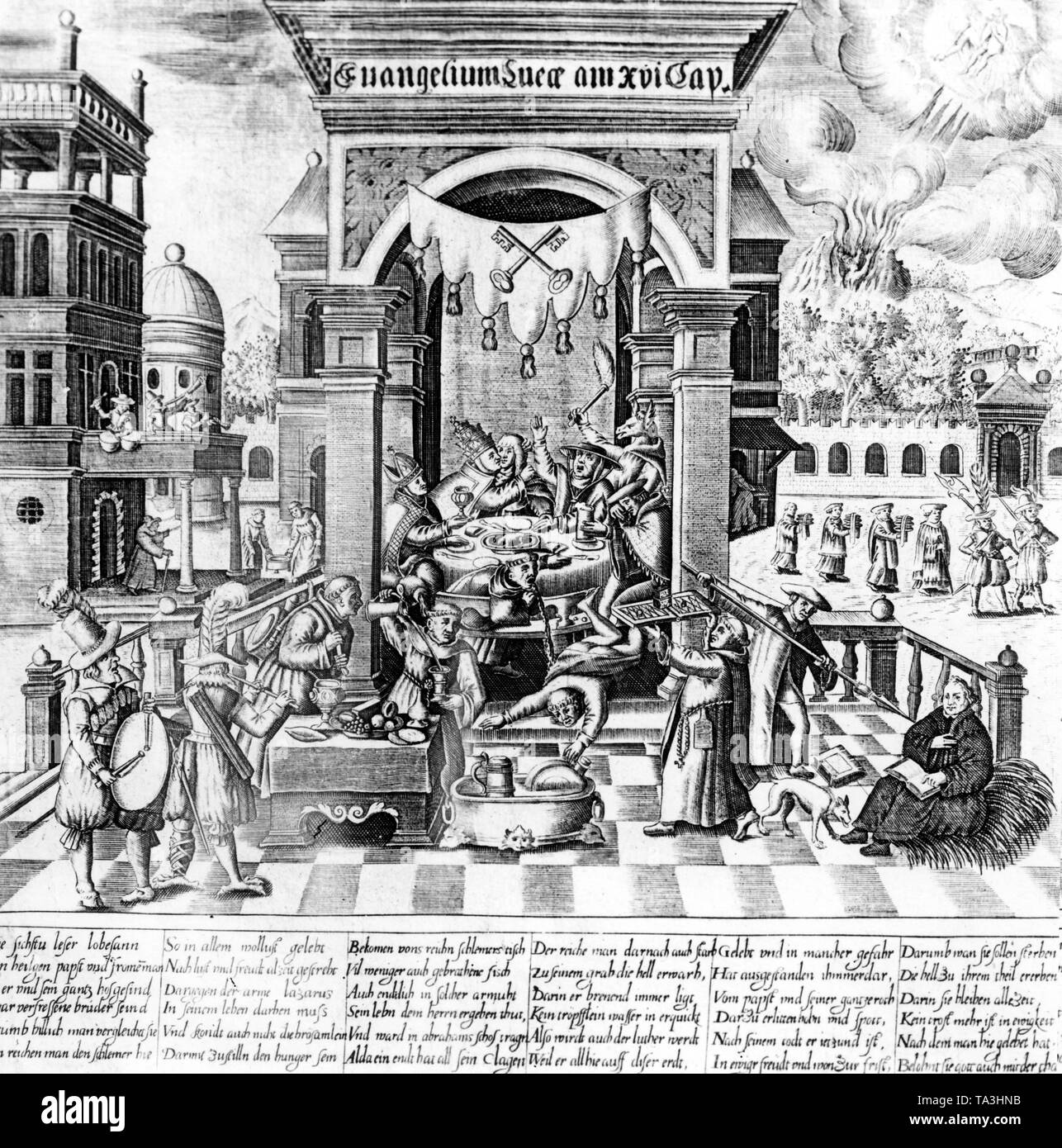 La parabole de l'homme riche et pauvre Lazare adaptés par Luther. La photo montre un somptueux festin dans une ville sur un lieu qui a déjà dégénéré en une frénésie, sous le drapeau papal avec clefs croisées. Banque D'Images