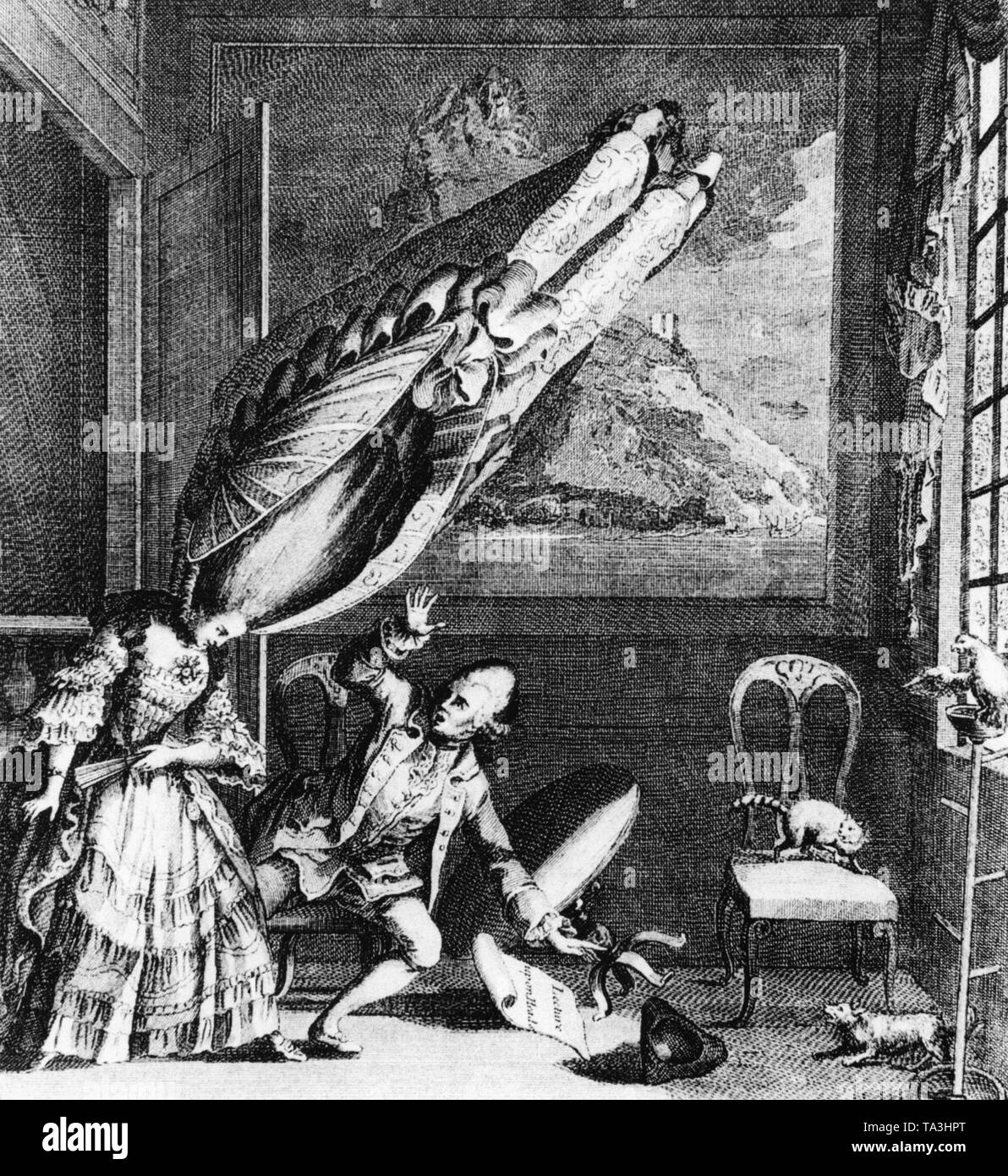 Caricature contemporaine du toujours plus haut, plus de coiffures élaborées dans le 18e siècle. Banque D'Images
