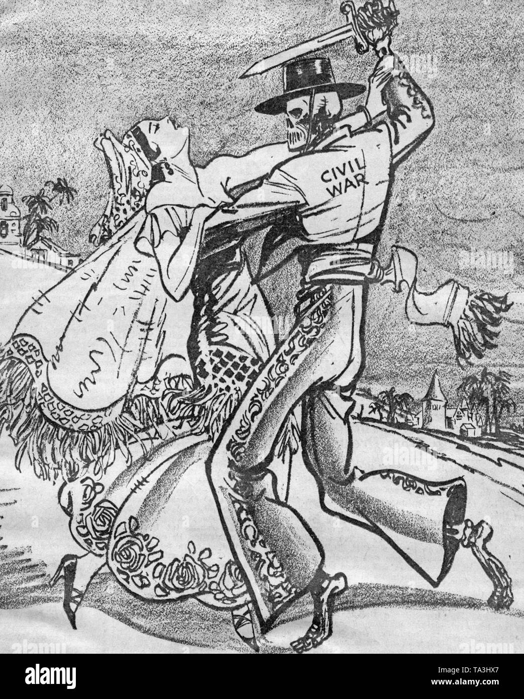 Caricature "Le tango espagnol' dans le New York Post par Jerry Doyle, 1936. Une danseuse de flamenco espagnol (squelette, symbolisant la guerre civile) poignarde son partenaire avec un couteau. Banque D'Images
