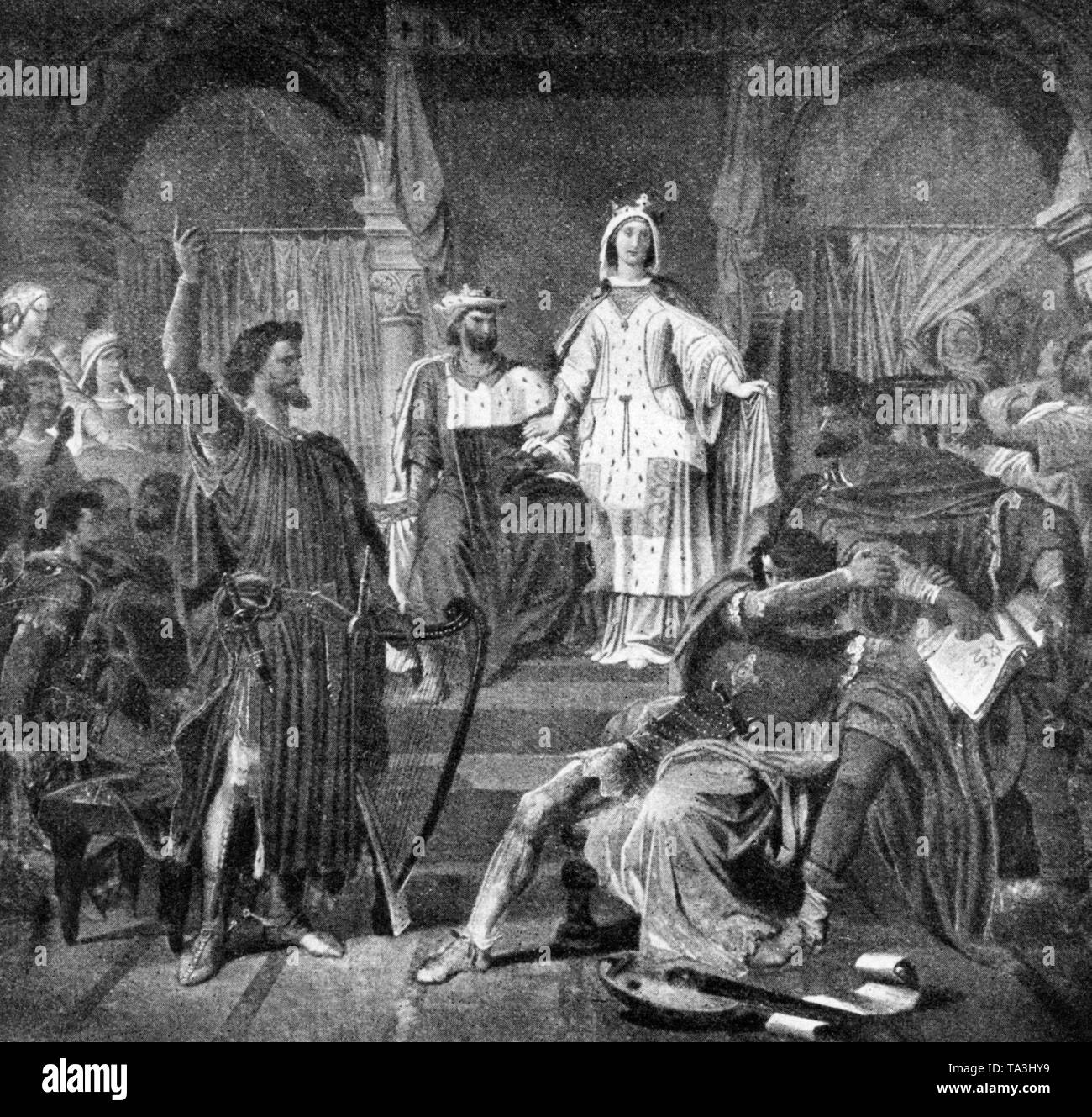 Wolfram von Eschenbach dans le Saengerkrieg auf der Wartburg castle, appelé aussi Wartburgkrieg Wartburg (concours), d'après une peinture par W. La société. L'Saengerkrieg auf der Wartburg est une collection de poèmes moyen haut allemand du 13ème siècle sur un concours de poèmes sur la Wartburg en Thuringe. La Wartburg Wartburgkrieg (concours) reflète un épanouissement littéraire à la cour du comte (Landgraf Hermann) je autour de 1200. Banque D'Images