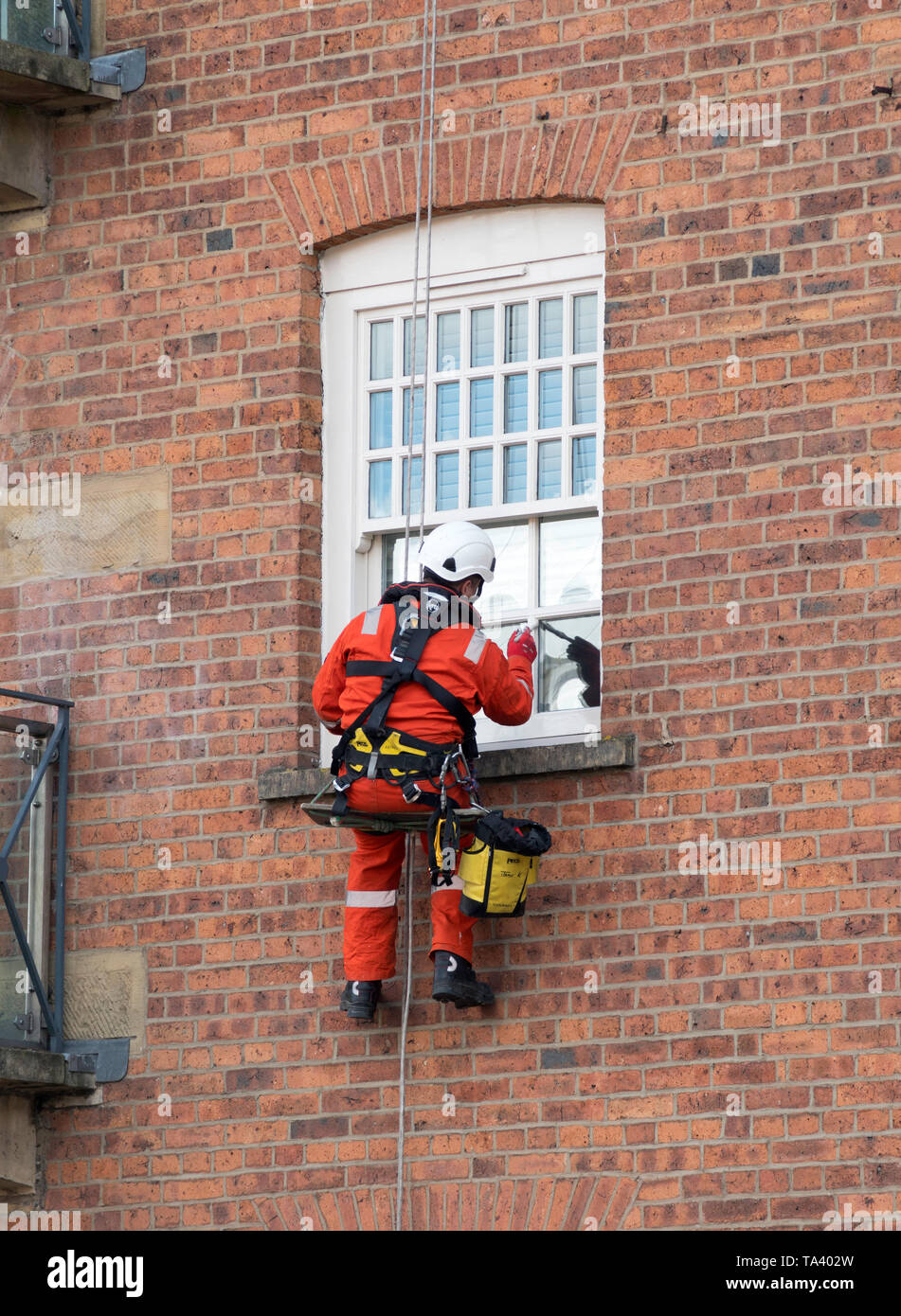 À l'aide de la descente en rappel ou ouvrier accès sur corde pour peindre une fenêtre dans un appartement à Leeds, Yorkshire, Angleterre, Royaume-Uni Banque D'Images