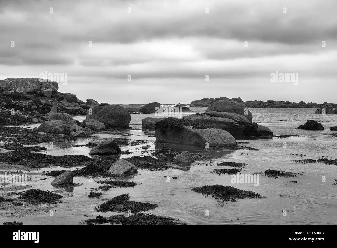 L'entrée de rochers à marée basse Porth Hellick : Saint Mary's, Îles Scilly, UK : version noir et blanc Banque D'Images