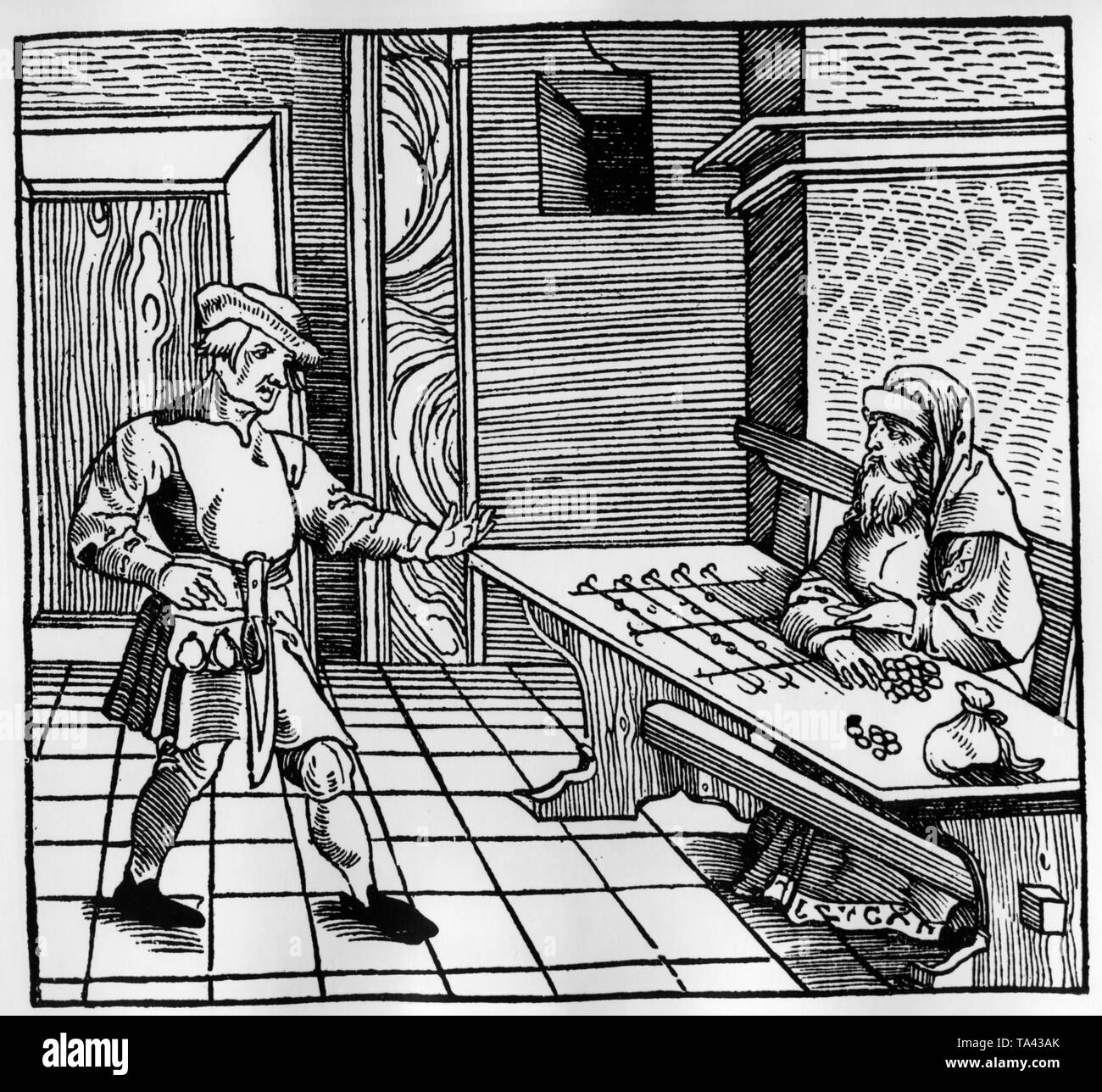 Cette gravure sur bois montre un agriculteur et un Peuple Juif prêteur d'argent à une table de calcul. Banque D'Images
