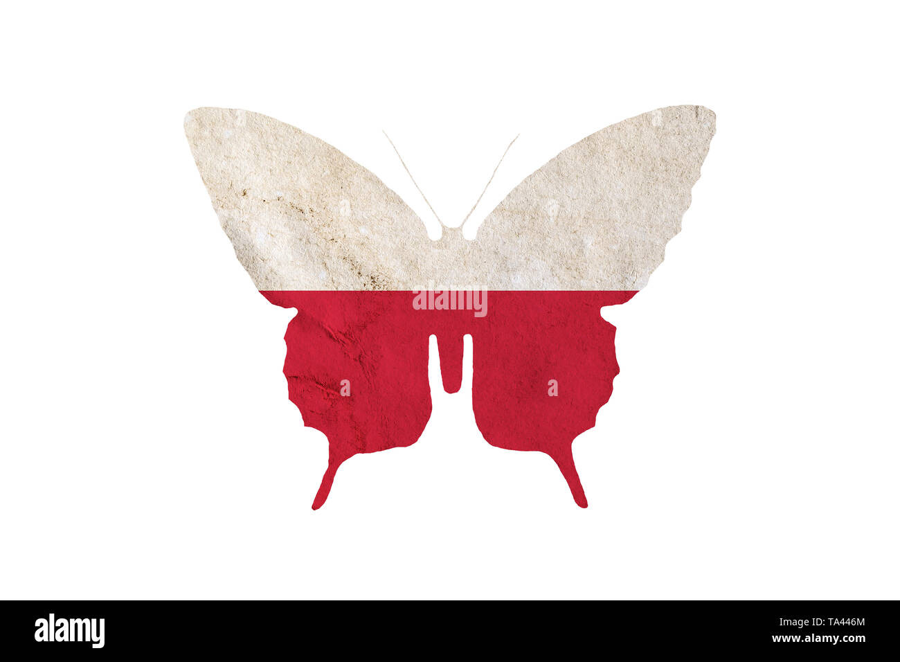 Silhouette papillon dans le drapeau national de la Pologne en grunge style isolé sur fond blanc. Drapeau polonais sous la forme d'un papillon d'ossature. Banque D'Images