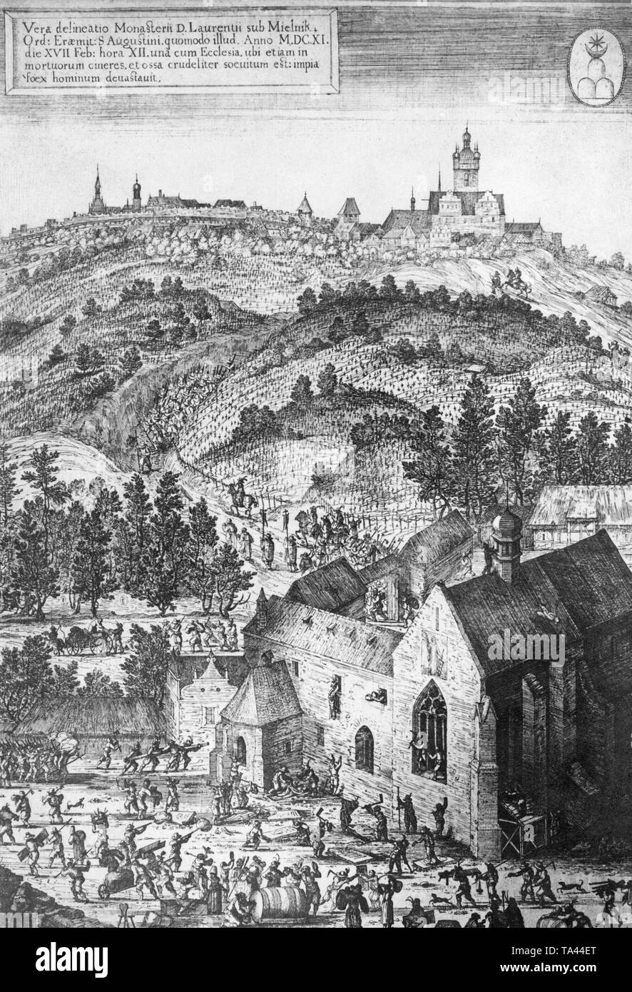 En raison d'une description de l'image, c'est une vraie représentation de la monastère Laurencius à Melnik, tel qu'il est détruit avec l'église et les tombes des foules contre nature le 17 février 1611. Banque D'Images