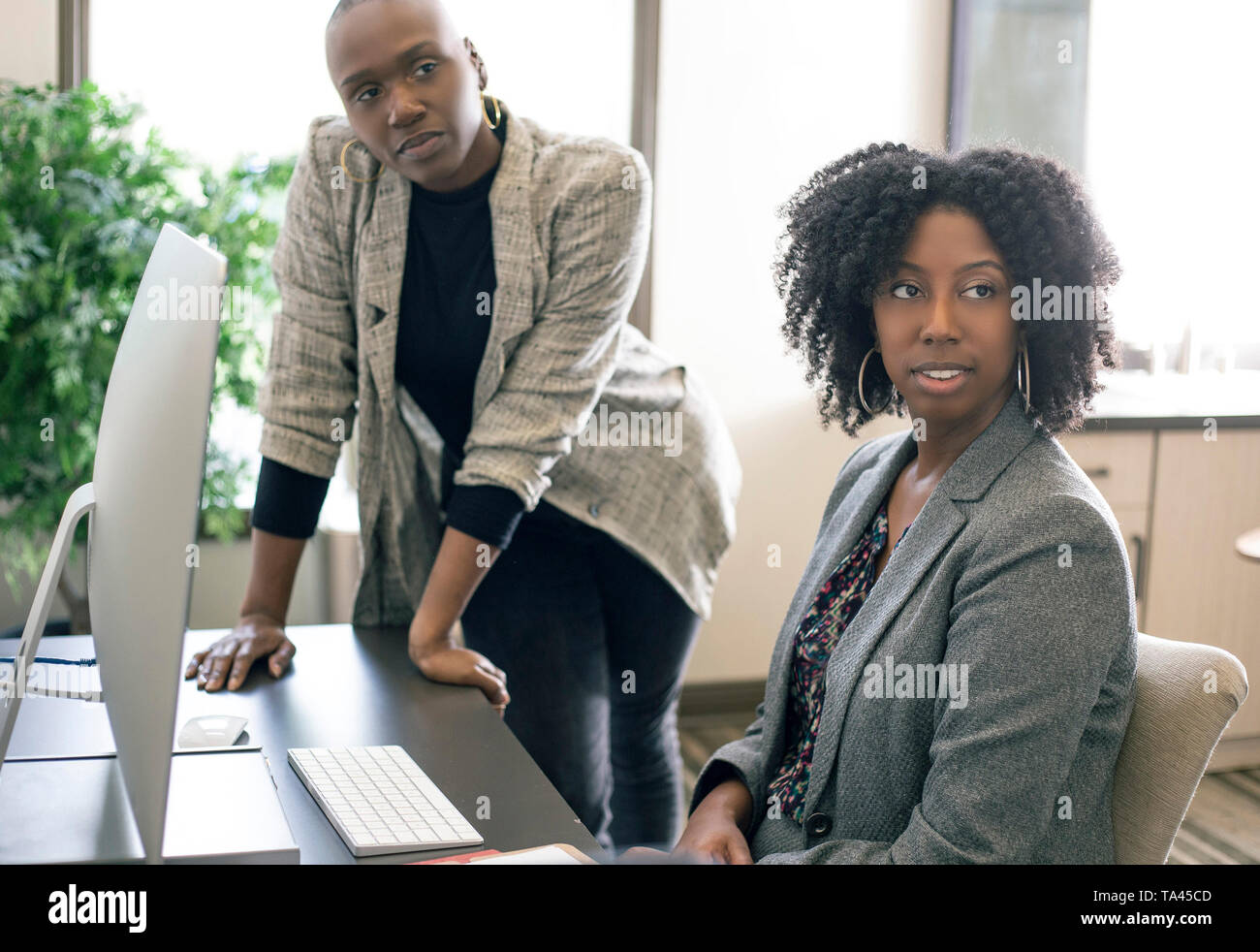 Black African American businesswomen ou collaborateurs ensemble dans un bureau, en faisant le