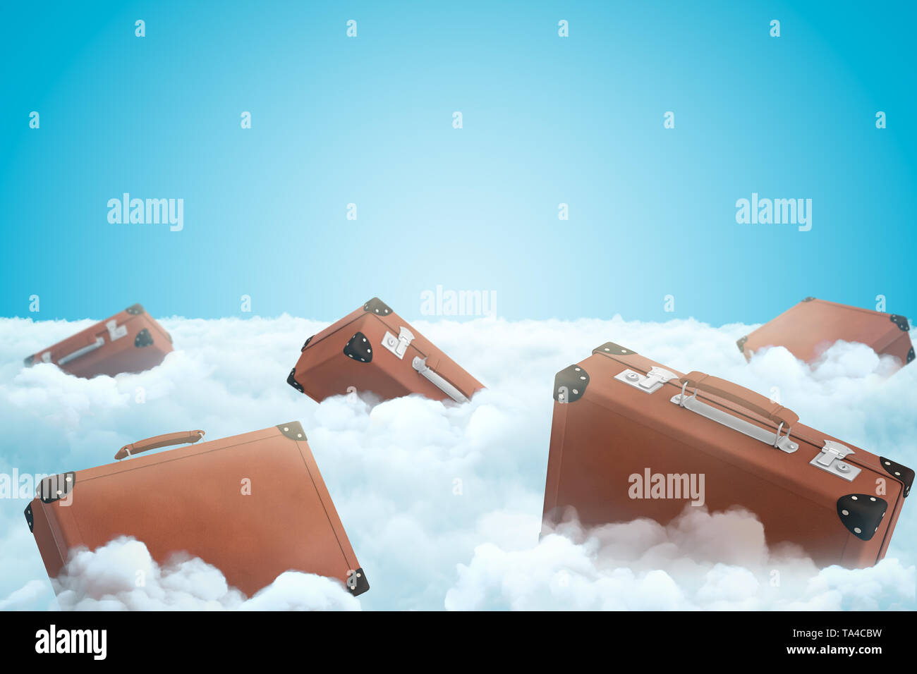 Le rendu 3D de l'ensemble de valises brun couché sur une épaisse couche de nuages blancs moelleux avec ciel bleu au-dessus. Banque D'Images
