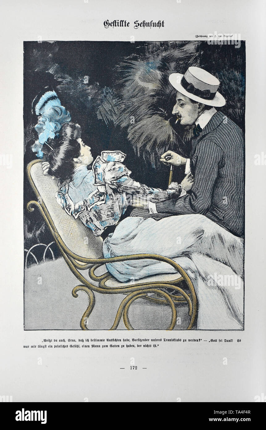 Le dessin 'Gestillte Sehnsucht' 'Sviré longing' par Ferdinand von Reznicek. Caricature de la revue satirique 'Simplicissimus', volume 4, numéro 22 (1899). Sous la photo : 'vous savez, Erna, J'ai certaines chances d'être le président de notre club de tennis ?" "Dieu merci ! Il a longtemps été un sentiment embarrassant pour moi d'avoir un mari qui a personne." Banque D'Images