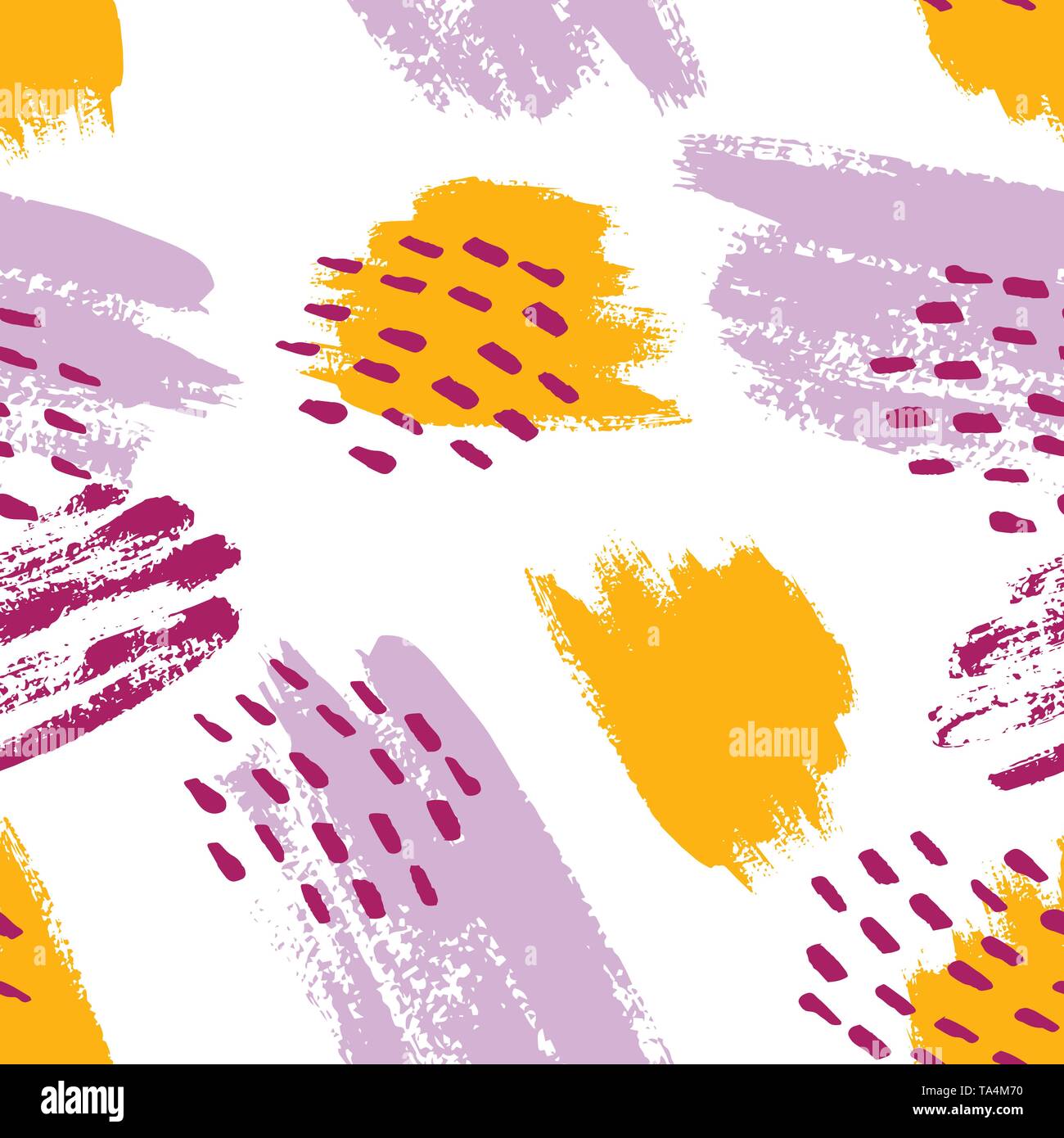 La main a peint les traits de pinceau dans la moutarde, violet, lilas et blanc. Seamless vector abstract pattern, l'arrière-plan de la texture les coups de pinceau et des taches, des points. Illustration de Vecteur