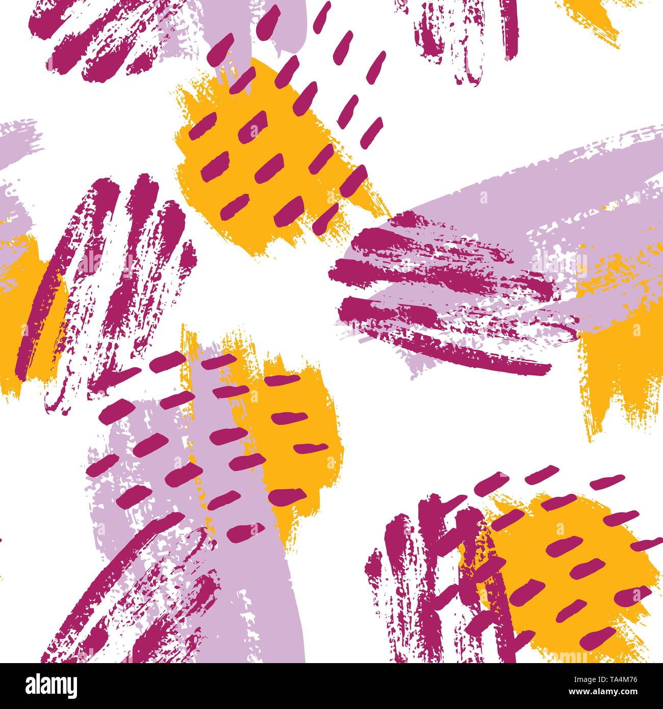 La main a peint les traits de pinceau dans la moutarde, violet, lilas et blanc. Seamless vector abstract pattern, l'arrière-plan de la texture les coups de pinceau et des taches, des points. Illustration de Vecteur