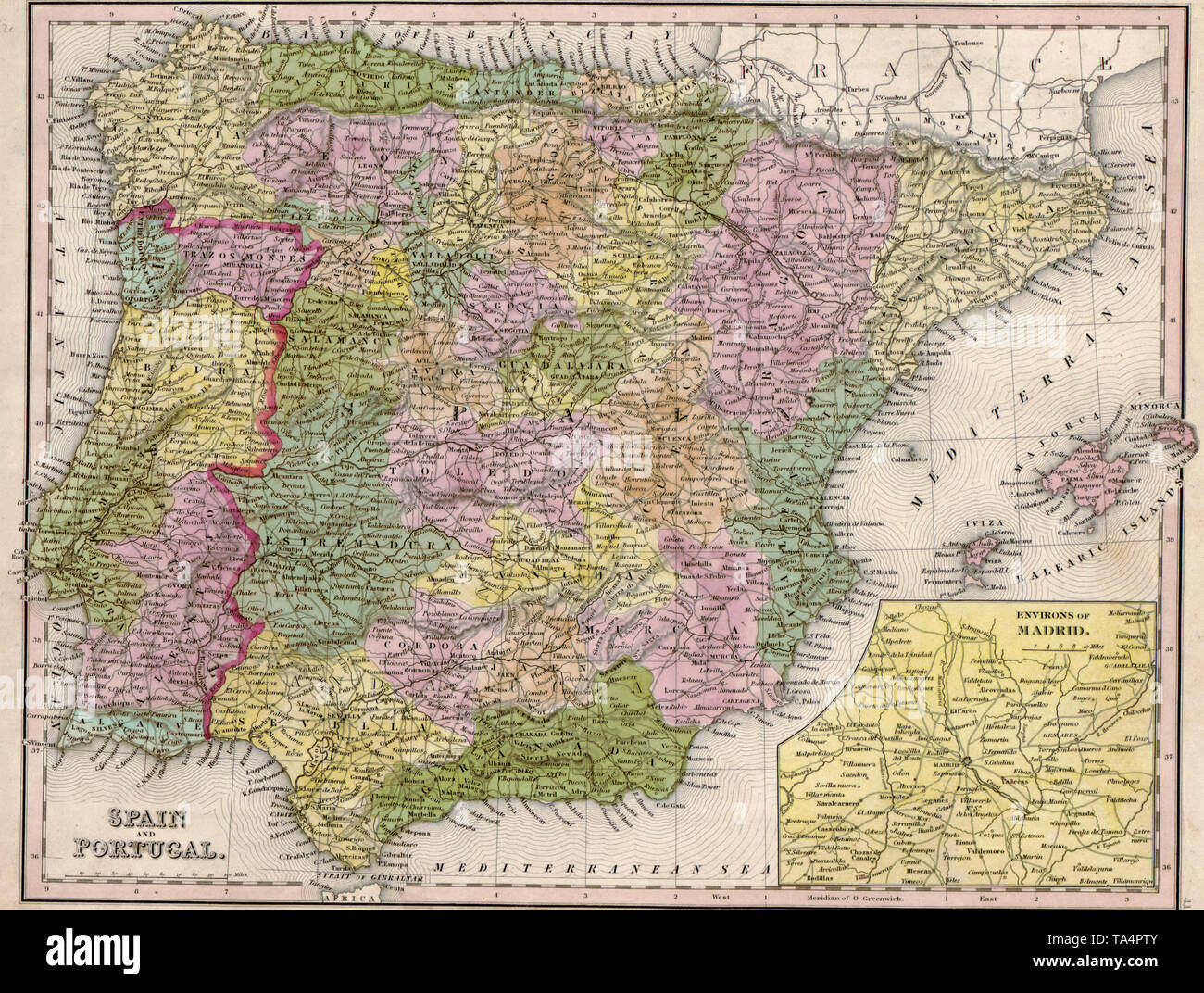 Carte de l'Espagne et Portugal, 1844 Banque D'Images
