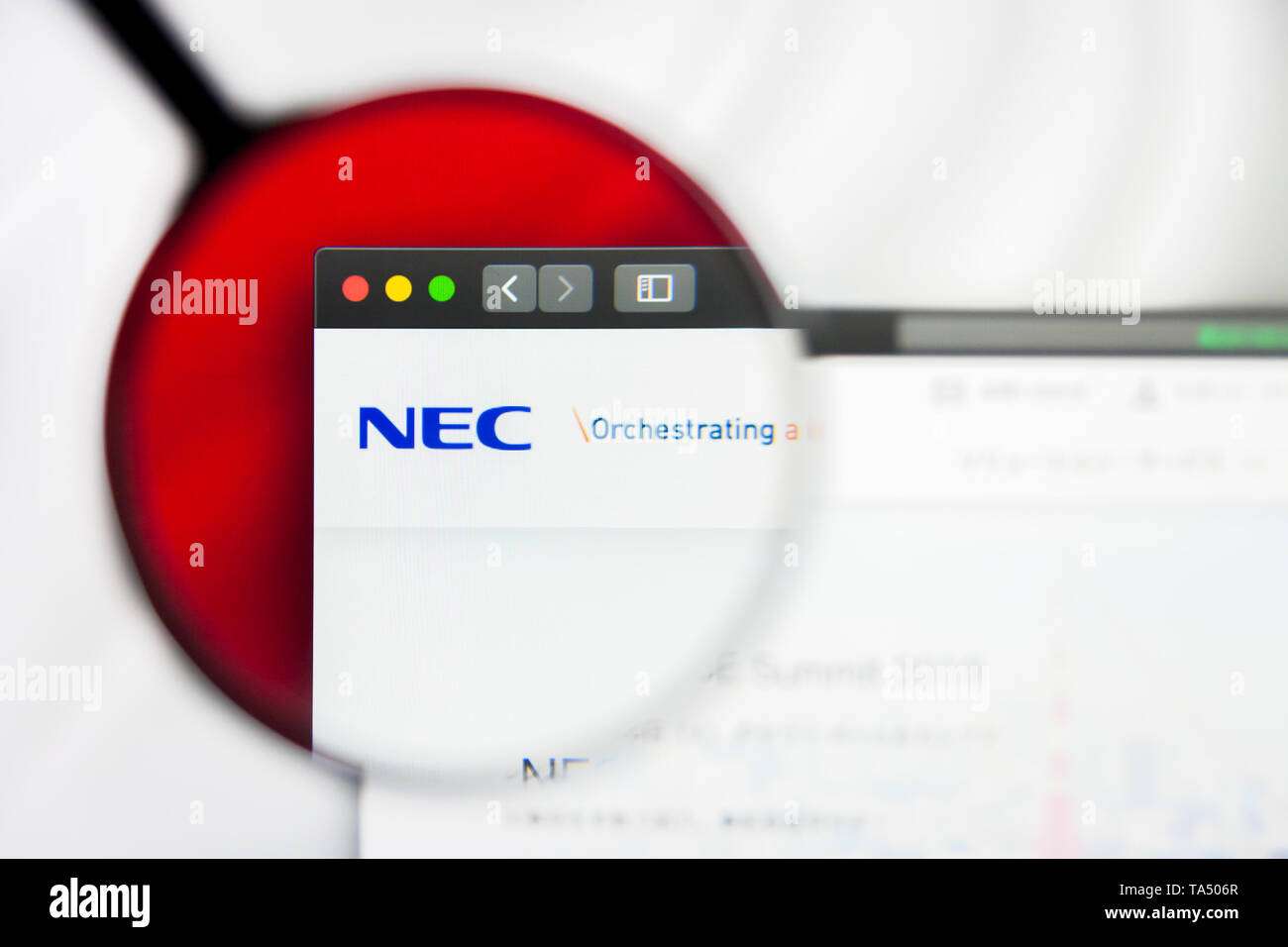 New York, New York State, USA - 21 mai 2019 : rédaction d'illustration de l'entreprise japonaise NEC Corporation d'accueil du site. Visible le logo NEC Corporation Banque D'Images