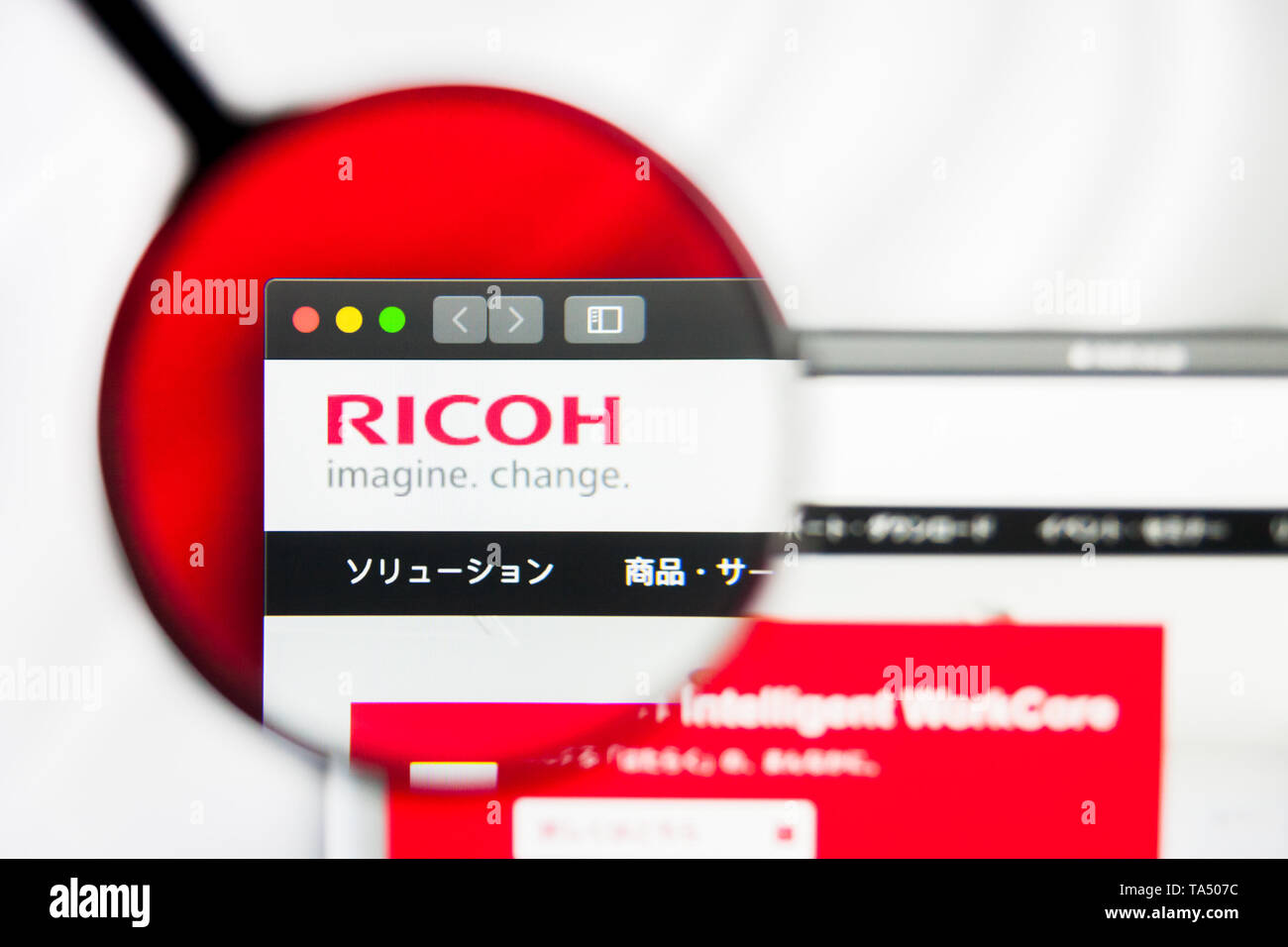 New York, New York State, USA - 21 mai 2019 : rédaction d'illustration de l'entreprise japonaise Ricoh Co Ltd Page d'accueil du site. Logo Ricoh Co Ltd visible sur sc Banque D'Images