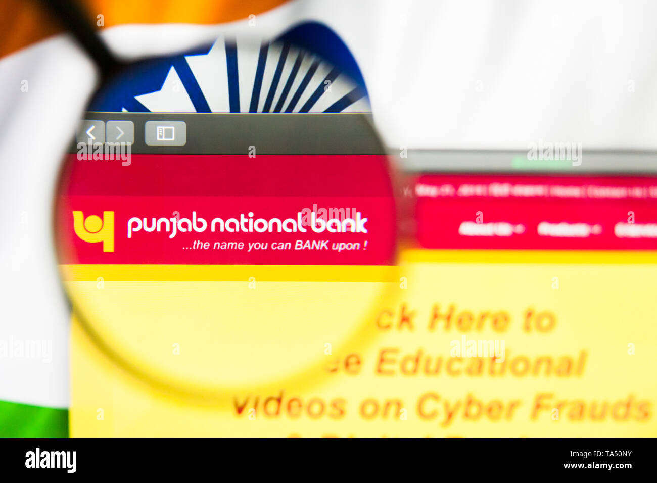 New York, New York State, USA - 21 mai 2019 : rédaction d'illustration de l'entreprise indienne Punjab National Bank d'accueil du site. Logo Punjab National Bank Banque D'Images