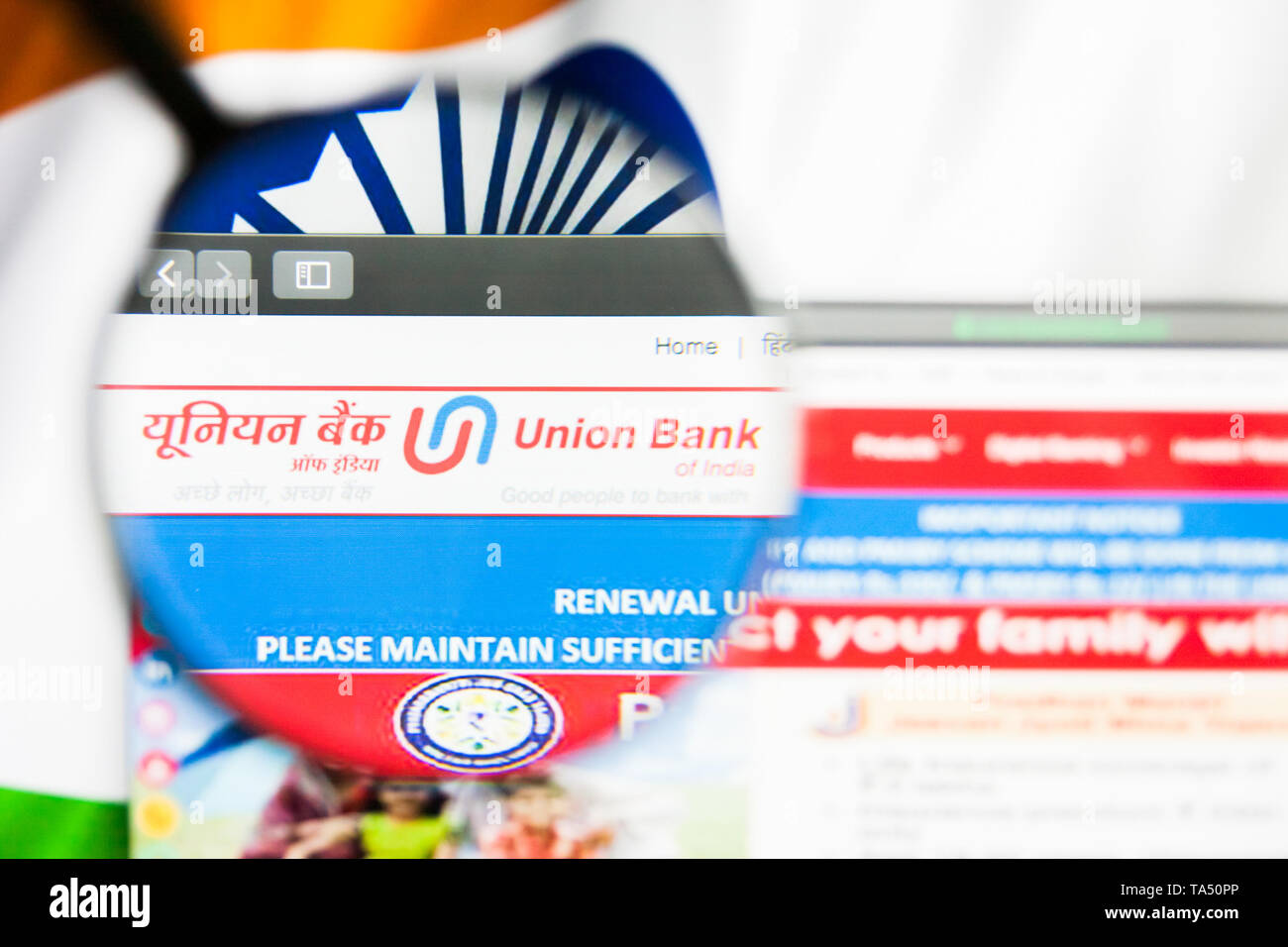 New York, New York State, USA - 21 mai 2019 : rédaction d'illustration de l'entreprise indienne Union Bank de l'Inde accueil du site. Logo de l'Union Bank of India v Banque D'Images