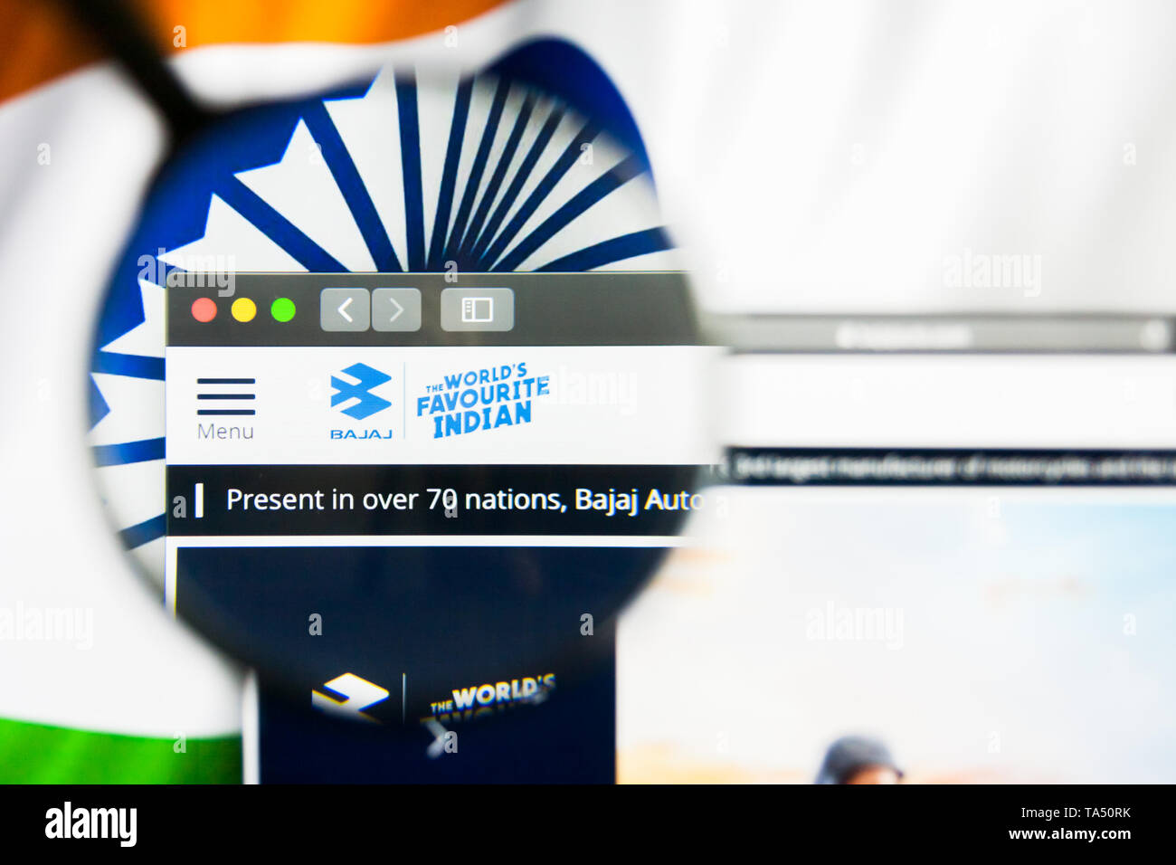 New York, New York State, USA - 21 mai 2019 : rédaction d'illustration de l'entreprise indienne Bajaj Auto accueil du site. Bajaj Auto logo visible à l'écran. Banque D'Images