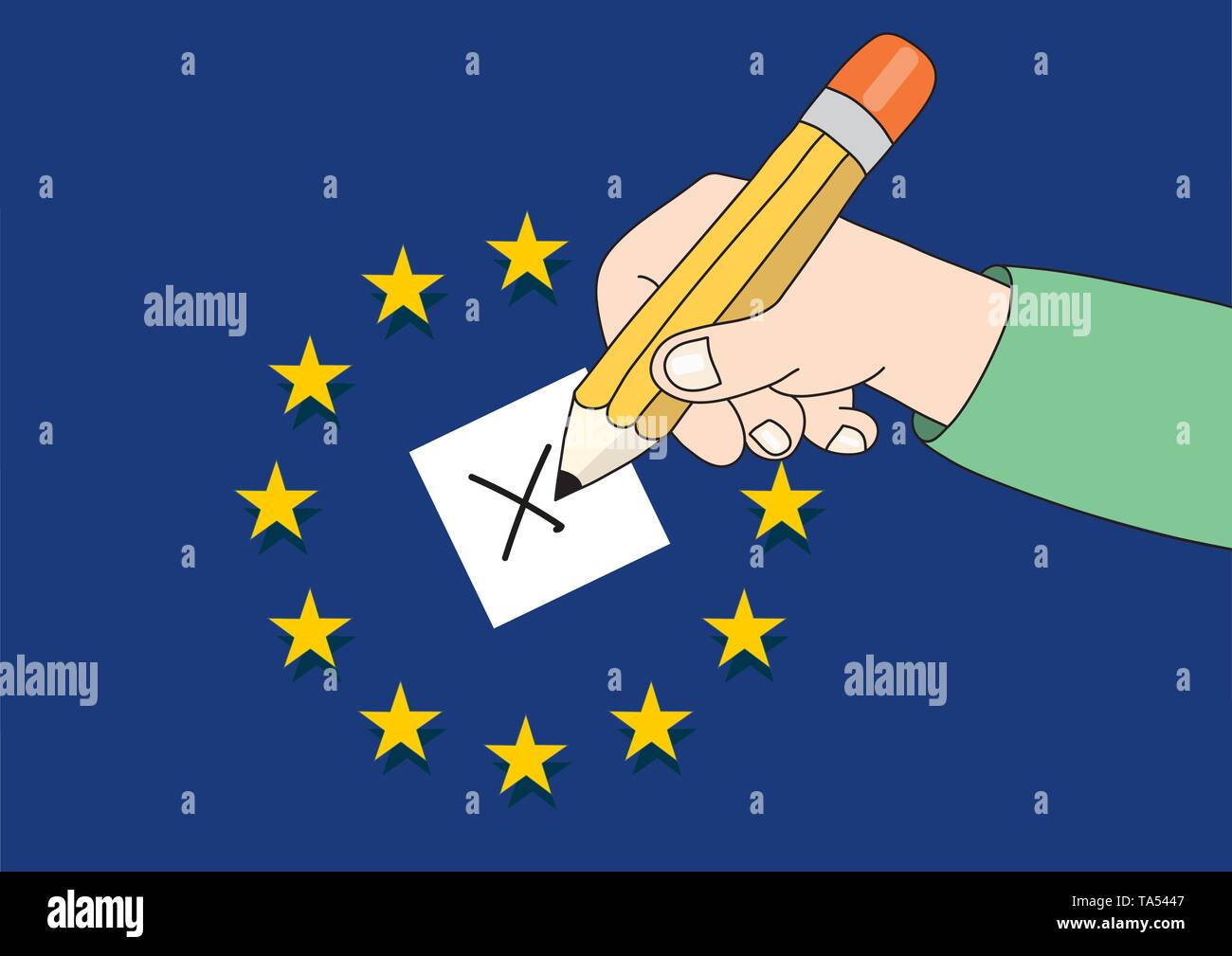 Concept des élections au Parlement européen. La main avec un crayon faire une croix à bulletin de vote avec les étoiles et d'un drapeau en arrière-plan. Illustration de Vecteur