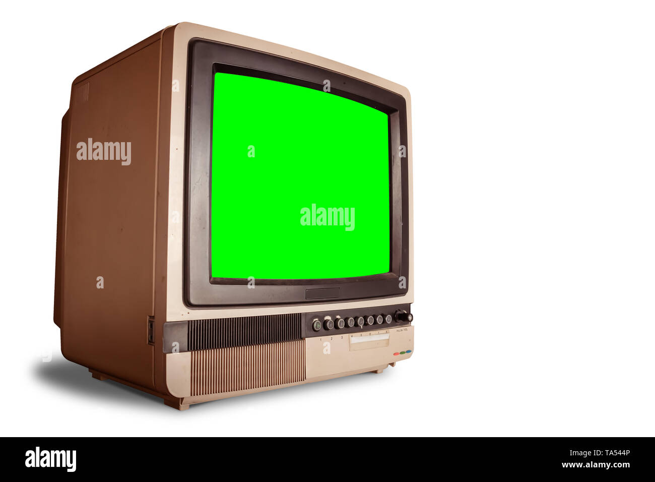 Vue latérale du vieux rétro accueil récepteur TV avec écran vert blanc isolé sur fond blanc avec clipping path Banque D'Images