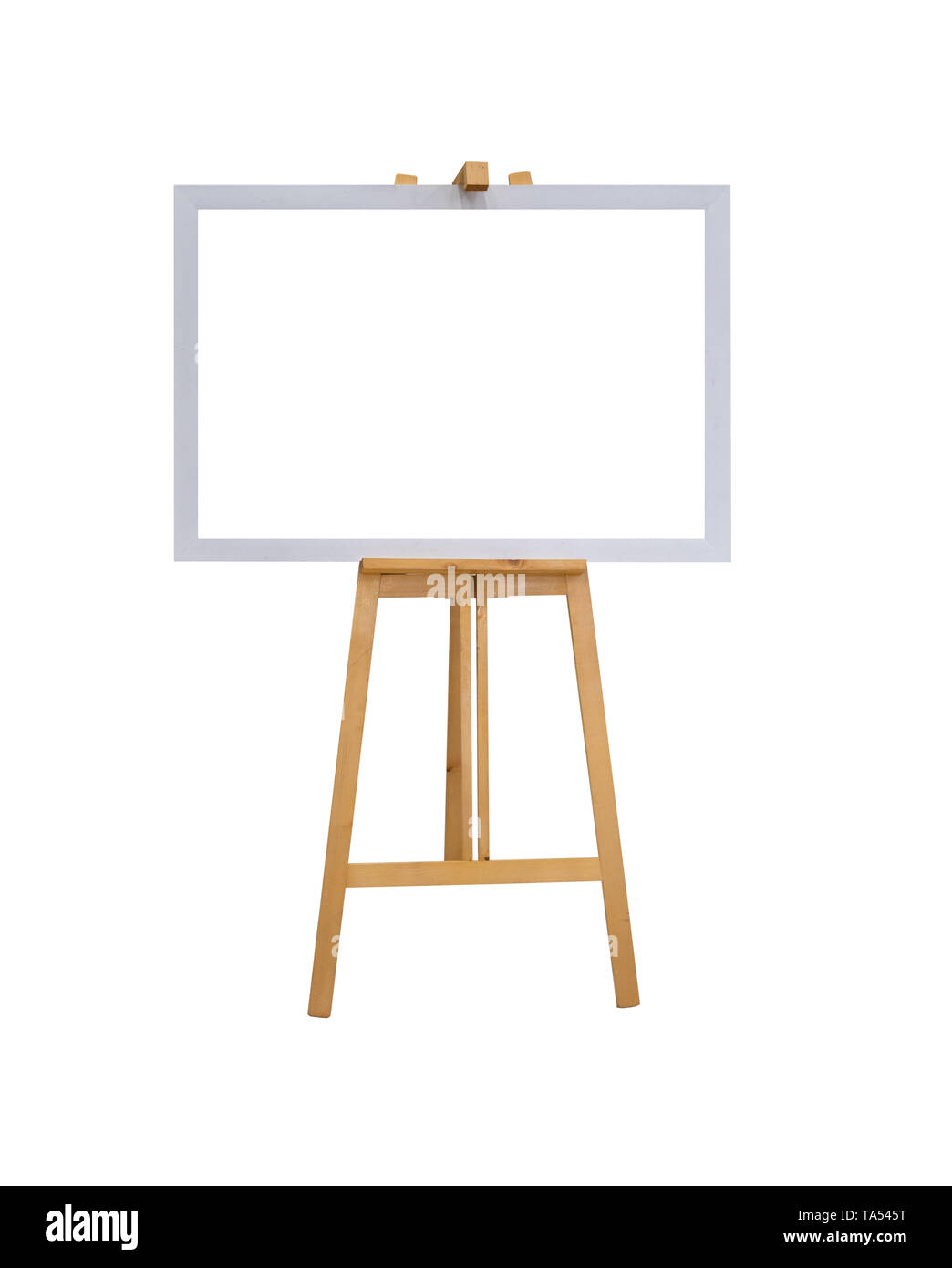 Maquette blanche vide toile cartonnée avec chevalet en bois réaliste isolé sur fond blanc avec clipping path Banque D'Images