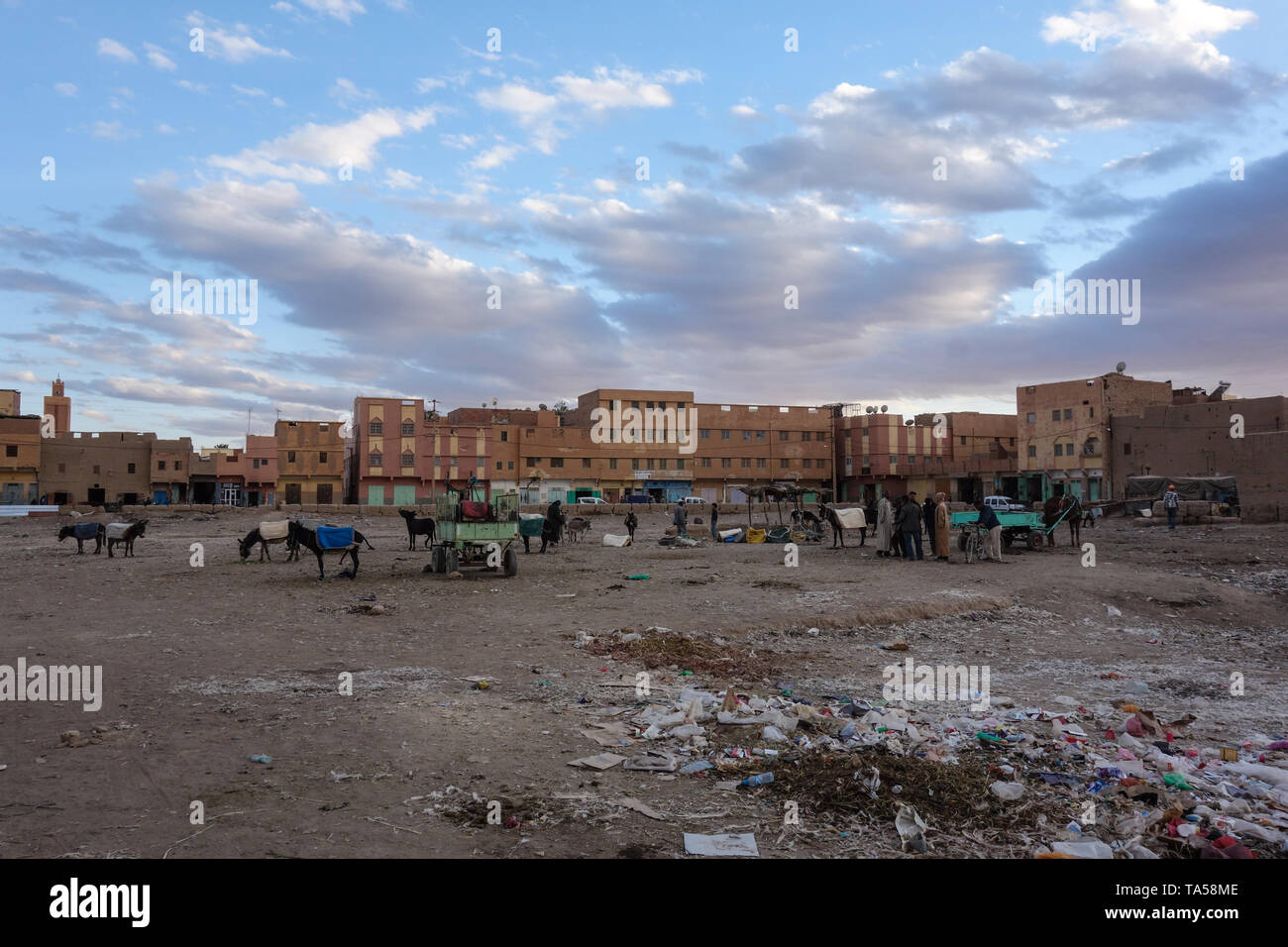 Rissani, Maroc - Mars 21st, 2019 : l'âne et le marché de l'animal derrière le bazar principal ; la population locale collective. Banque D'Images