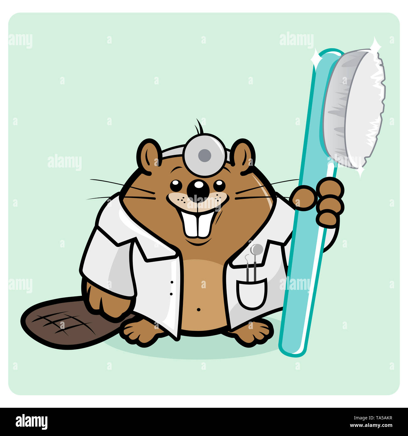 Dentiste de castor de dessin animé tenant une brosse à dents. Médecin dentiste castor. Banque D'Images