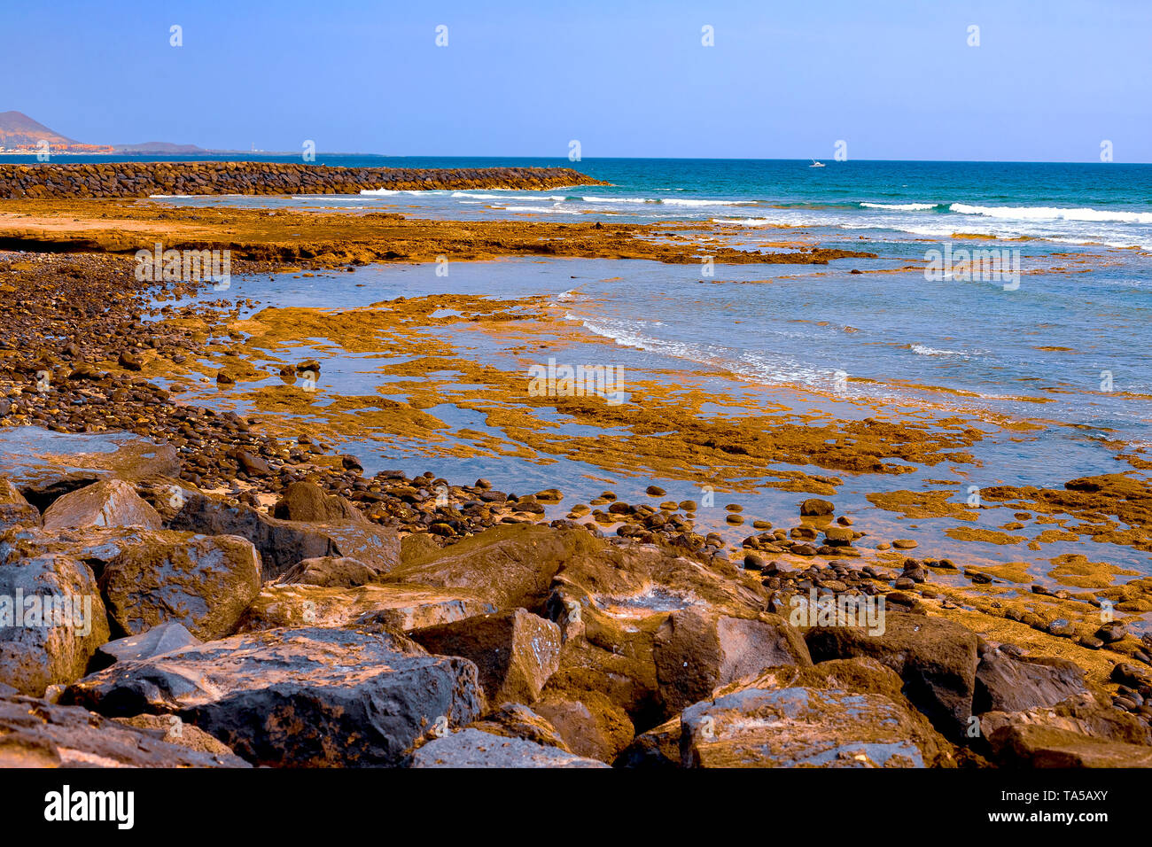 Vue sur la côte Atlantique à Ténérife. Plage, de pierres volcaniques, de cailloux. Tenerife Banque D'Images