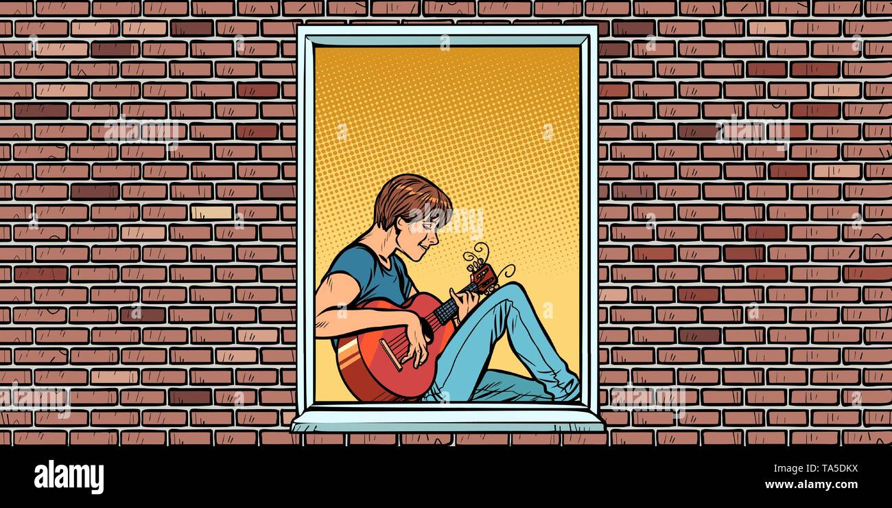 Jeune homme jouant de la guitare acoustique, assis dans la fenêtre Illustration de Vecteur