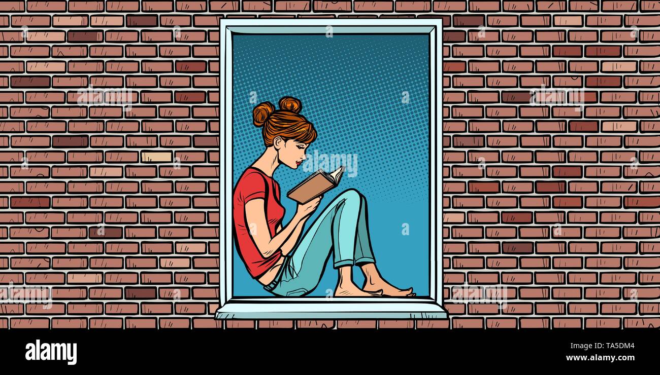 Teen girl reading a book, assis dans la fenêtre Illustration de Vecteur
