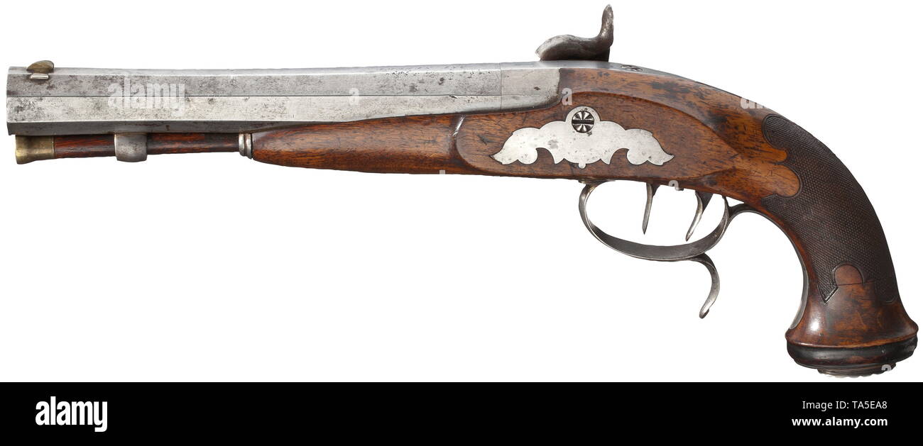 Une paire de pistolets à percussion, Anton Sebert, Karlovy Vary/CZ, circa 1850 barils octogonal lourd avec des alésages dans 16 mm calibre avec pie maillechort/sites. Sur canon tops signatures gravées 'ANT. SEBERT' et numérotée "1" et "2". Percussion lisse serrures avec des triggers. Les stocks de noyer avec crosse quadrillée et meubles en fer doux. En bois à pointe en laiton ramrods. Longueur 36 cm chacun. Anton Sebert, Karlovy Vary, vers 1850 historique., historiques, de poing, poing civile civile, poche, pistolet, fusil, arme à feu, arme à feu, d'armes à feu, armes à feu, Additional-Rights Clearance-Info-Not-Available- Banque D'Images