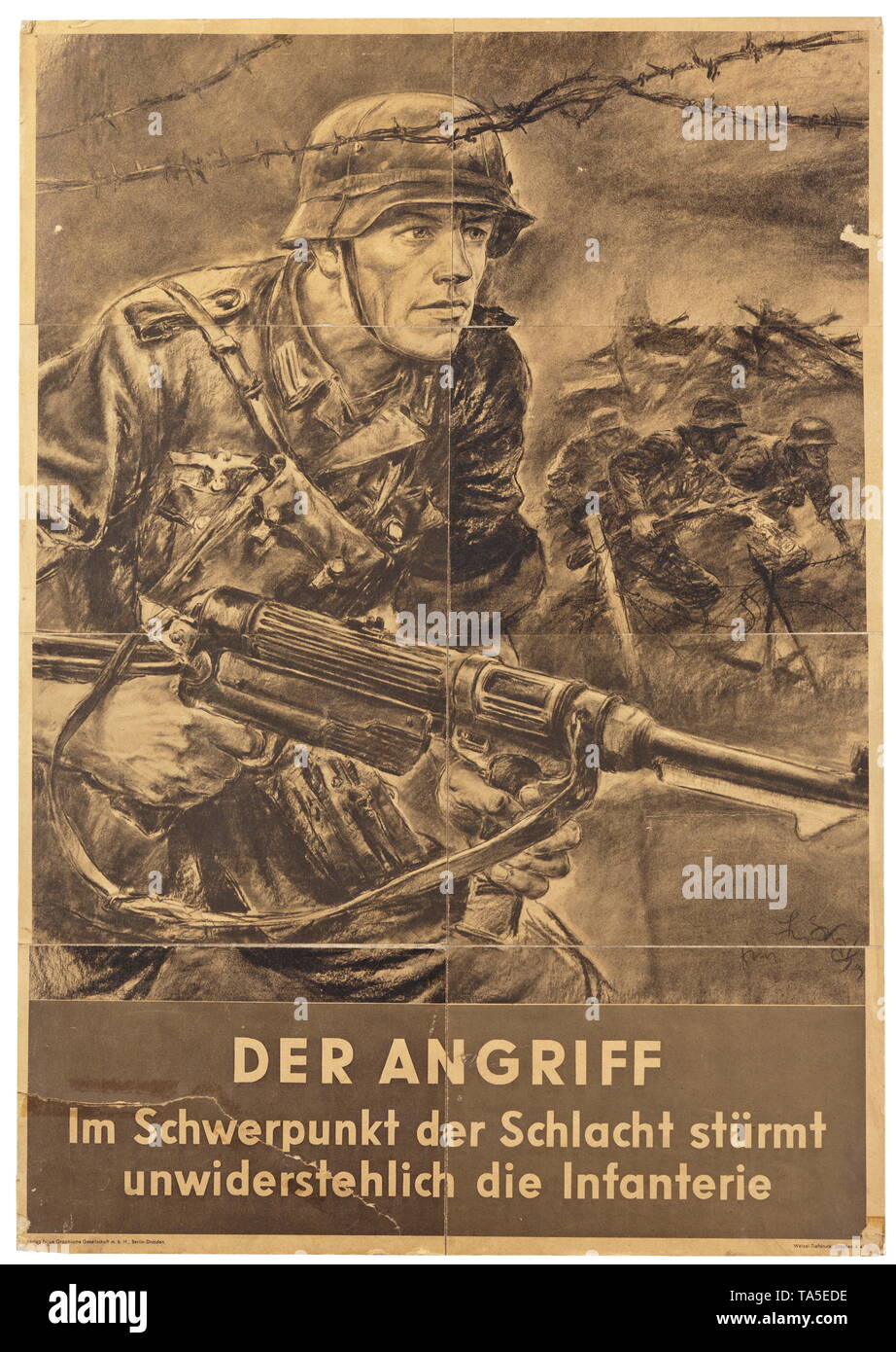 Une affiche de propagande de la Wehrmacht Schwarz-weiß Darstellung eines Infanteristen vorwärts stürmenden undeutliche MP 40, mit Signatur. Darunter 'Der Angriff Berichte der Schlacht im - stürmt unwiderstehlich die Infanterie'. Einzelsegmente Hartkarton aufgezogen auf Acht, beschädigt. Maße 59 x 42 cm., historique, historique du 20e siècle, Editorial-Use-seulement Banque D'Images